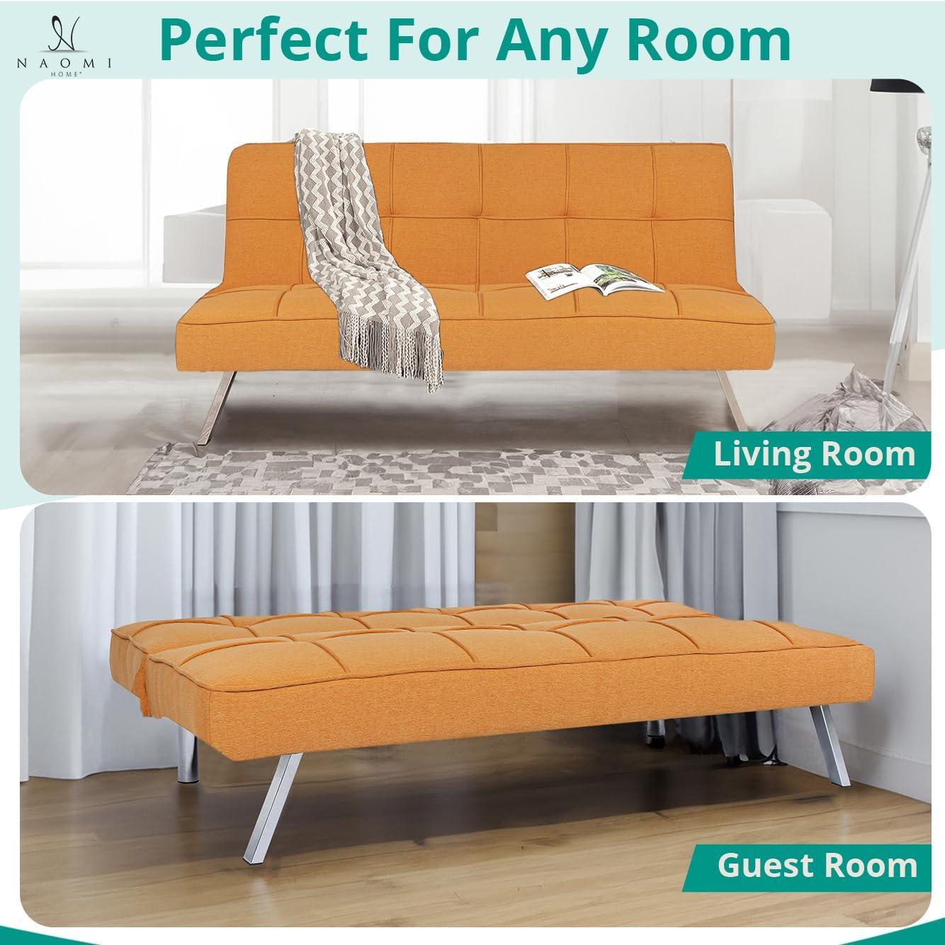Modern Futon Sofa Bed - Compact Design for Small Spaces - Convertible Futon with Linen Fabric for Premium Comfort - Ideal Guest Couch - Stylish & Durable, Supports up to 750 lbs. - Tangerine