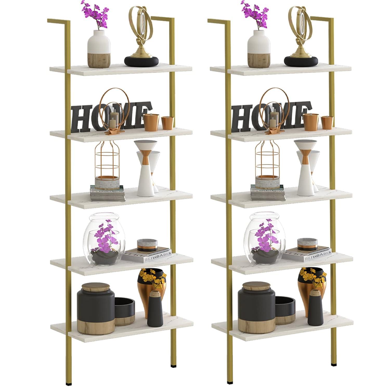 5 Tiers Ladder 2-Piece Shelf White Marble Modern Bookshelf Open Tall Wall Mount Bookcase Standing Leaning Wall Shelves Industrial Decorative