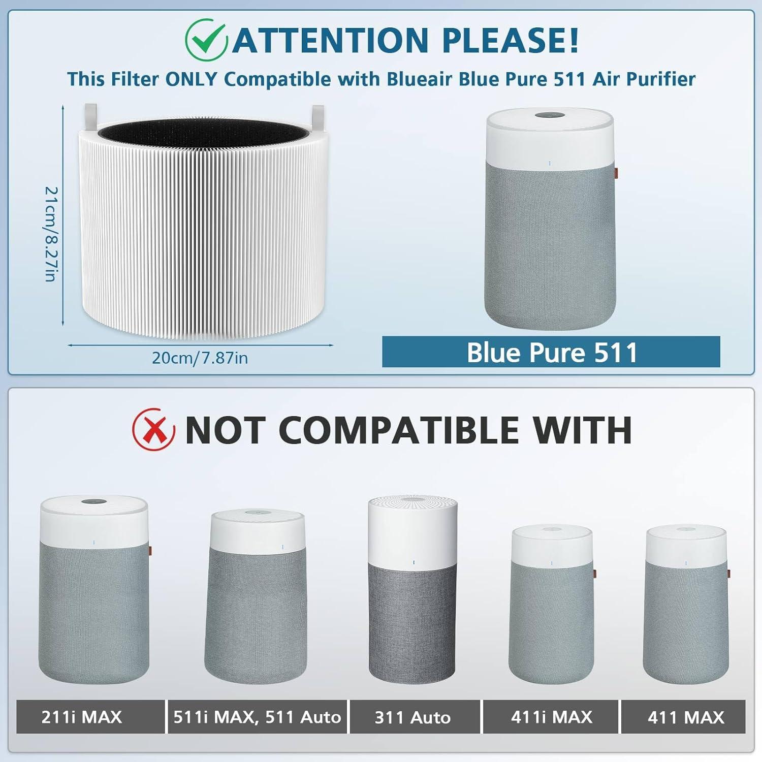 2 Pack Blue Pure 511 Filter Replacement Compatible With Blueair Blue Pure 511 Air Cleaner. Fit For Blue Air 511 Filter Replacement. 3-in-1 True HEPA Filter Particle And Activated Carbon Filter.