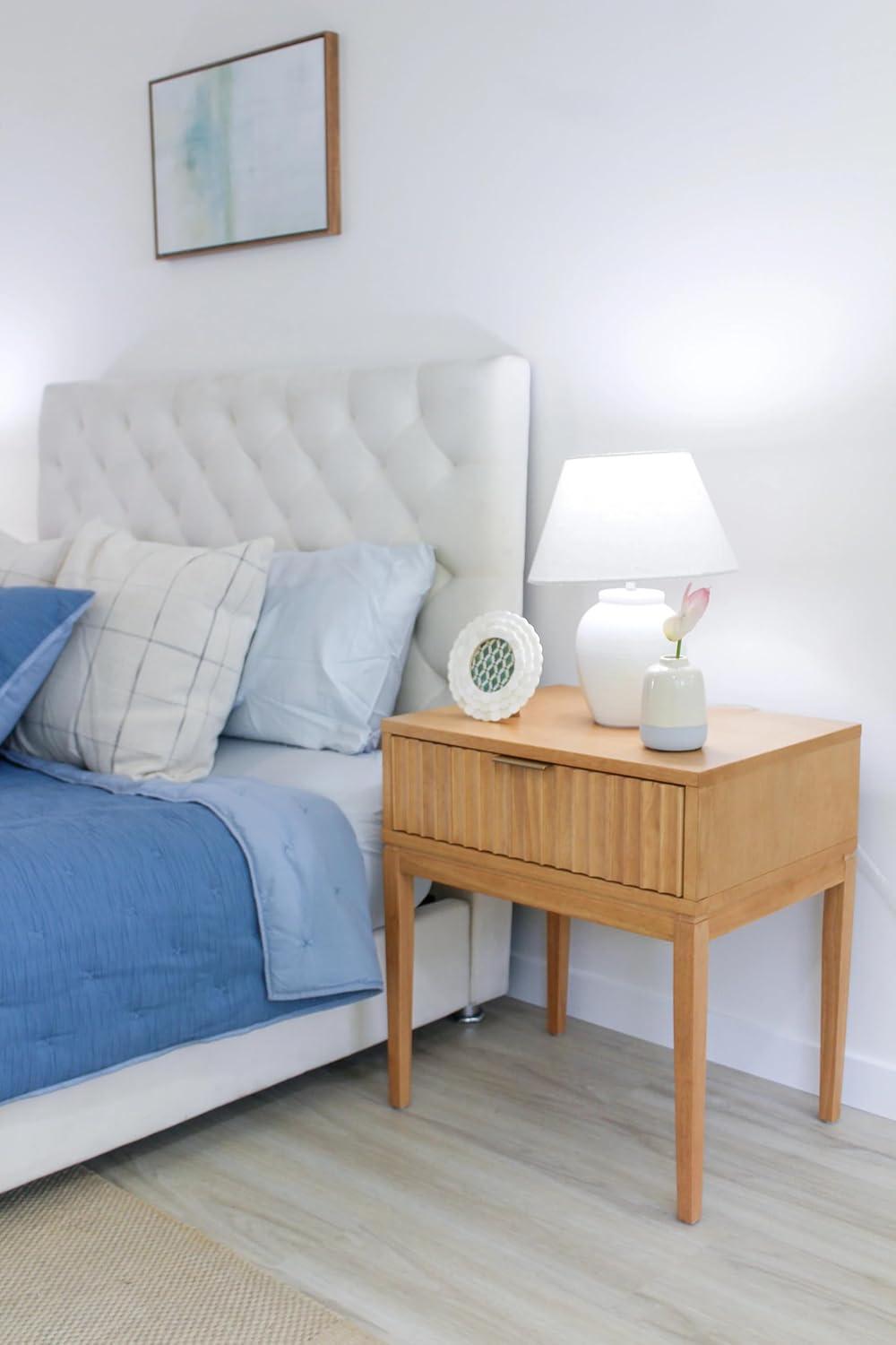 Natural Brown Fluted Wood Nightstand Set with Brass Handles