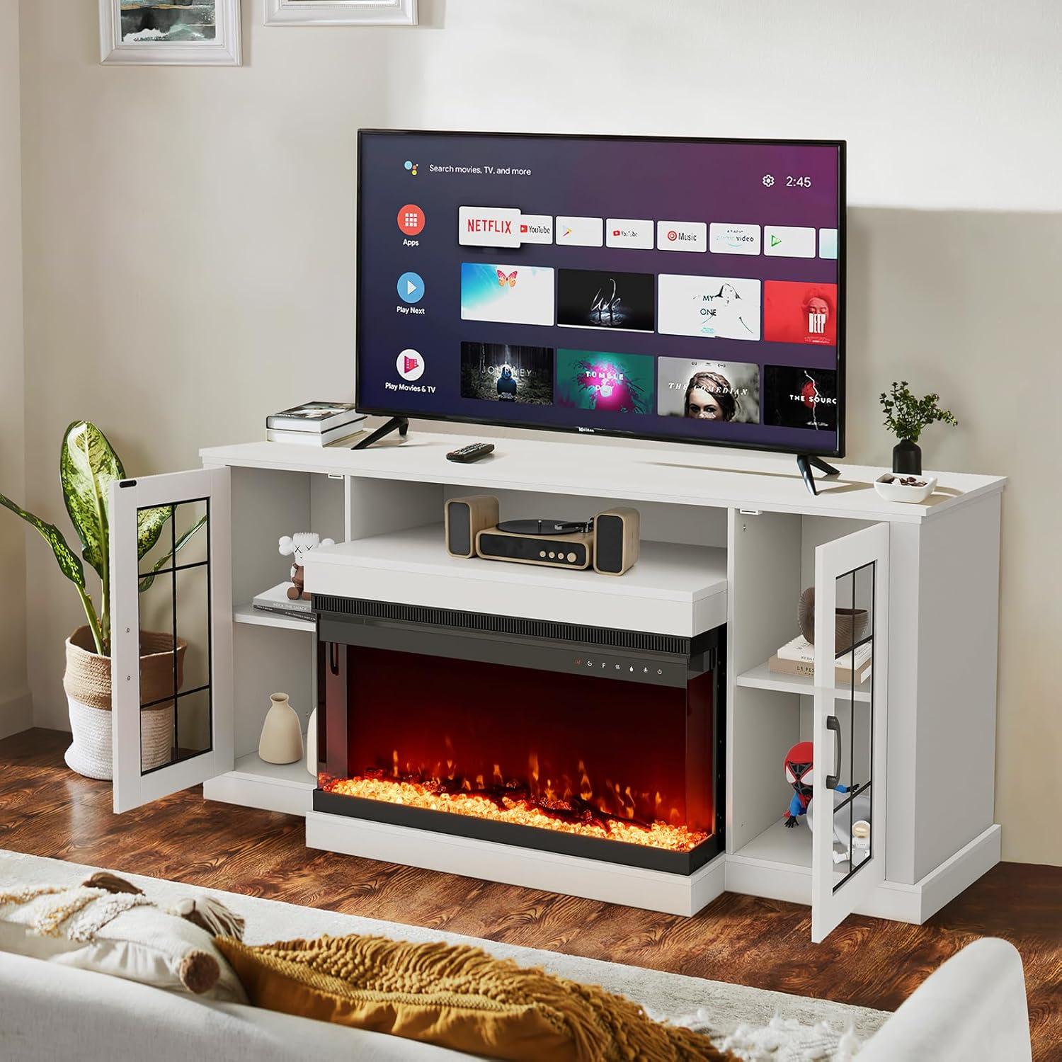 Hommow Fireplace TV Stands for Living Room, 3-Sided Glass Fireplace TV Stand for TVs up to 70'' with 9 Color