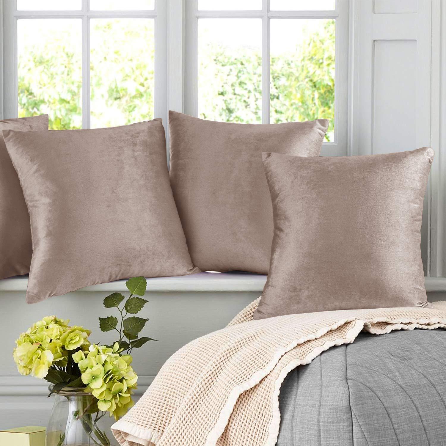 Nestl Throw Pillow Covers, Cozy Velvet Decorative Outdoor Pillow Covers 16 x 16 Inches, Soft Solid Cushion Covers for Sofa, Bed and Car, Set of 4 - Taupe Sand