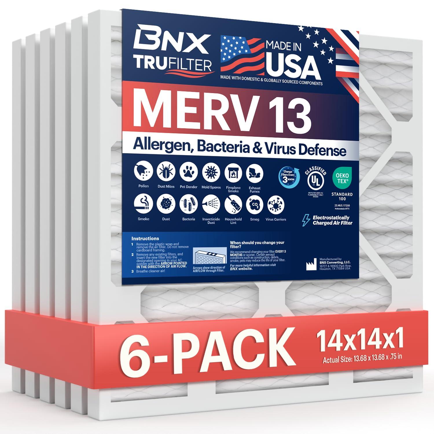 BNX TruFilter 14x14x1 Air Filter MERV 13 (6-Pack) - MADE IN USA - Electrostatic Pleated Air Conditioner HVAC AC Furnace Filters for Allergies, Pollen, Mold, Bacteria, Smoke, Allergen, MPR 1900 FPR 10
