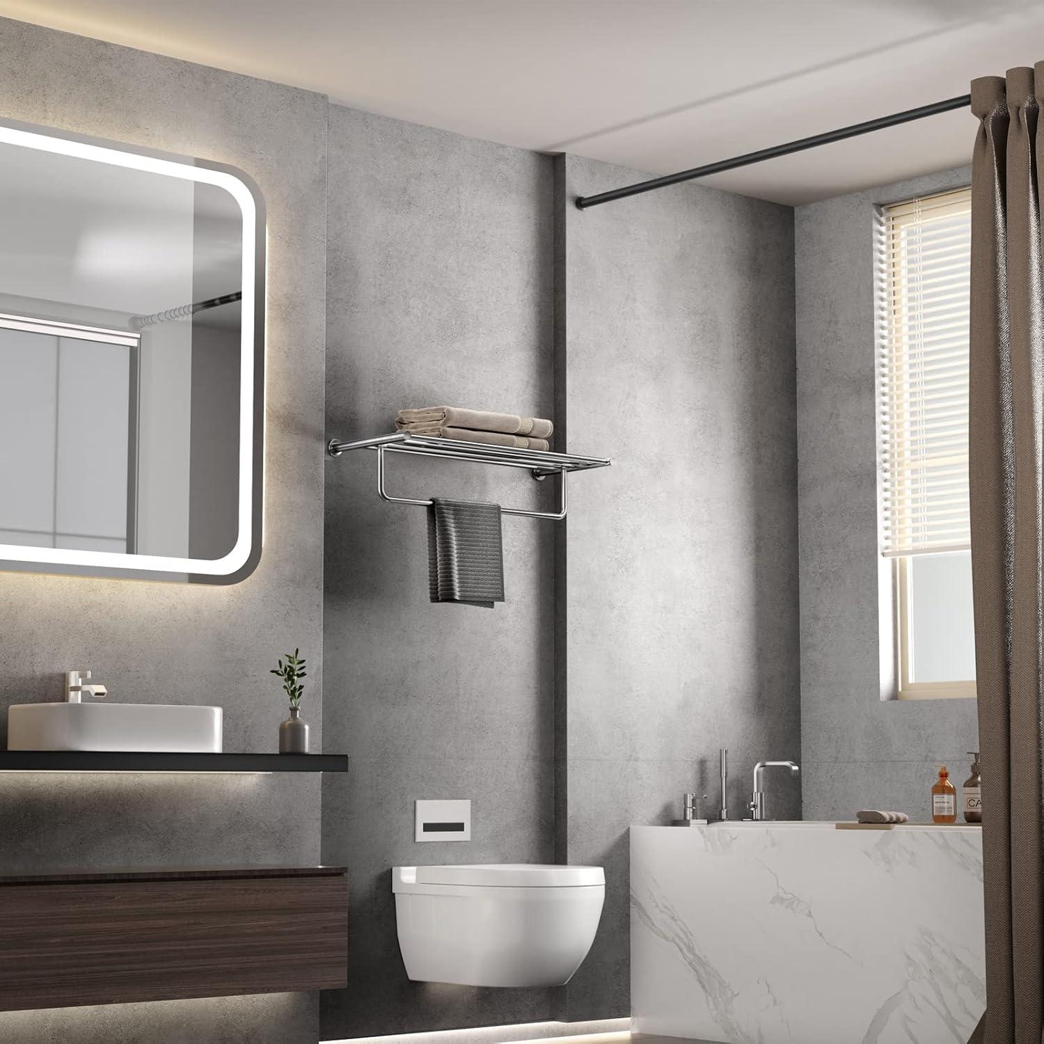 Bathroom Towel Rack，Stainless Steel Towel Shelf with Towel Bar 24-Inch Towel Holder for Bathroom Wall Mounted Towel Storage Organizer for Bathroom & Lavatory（Brushed Silver）