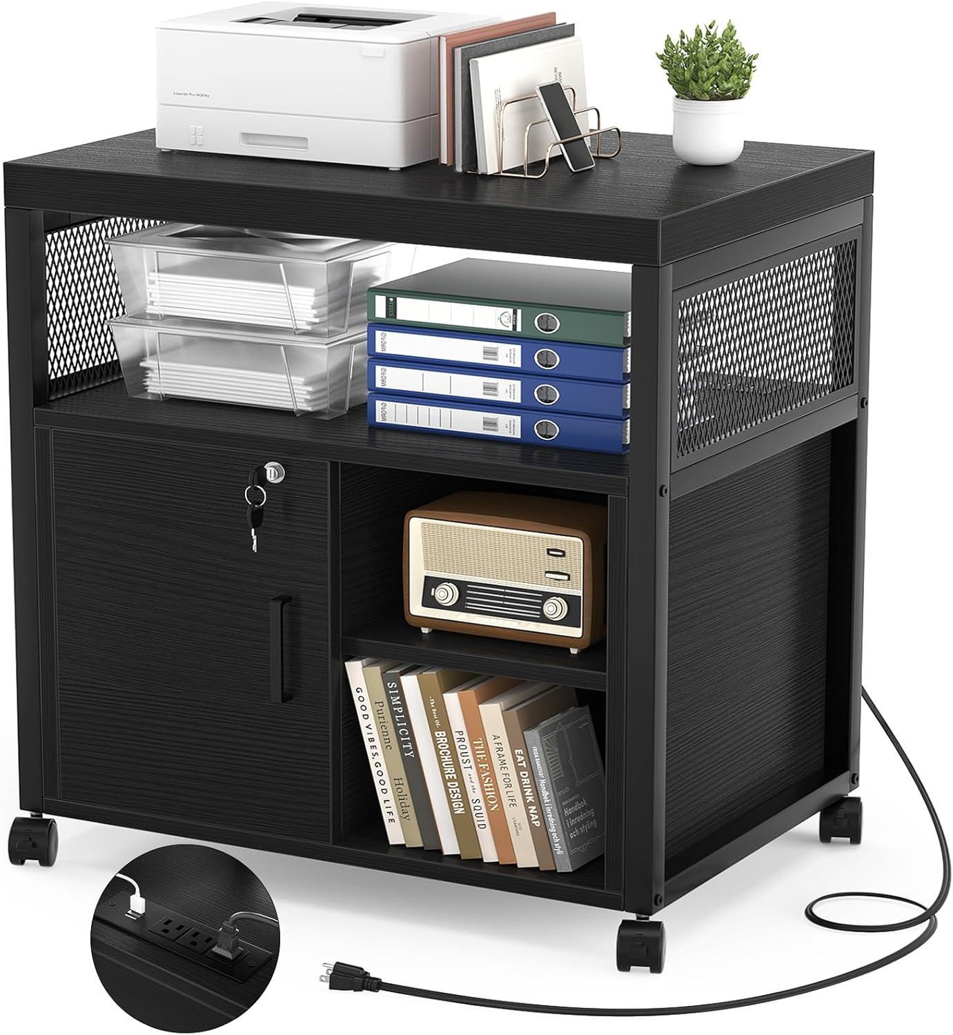 Unikito Rolling File Cabinet Lateral Office Filing Cabinets with Socket and USB Charging Port, Modern Printer Stand on Wheels, Printer Cabinet with Door and Open Storage, Lockable, White