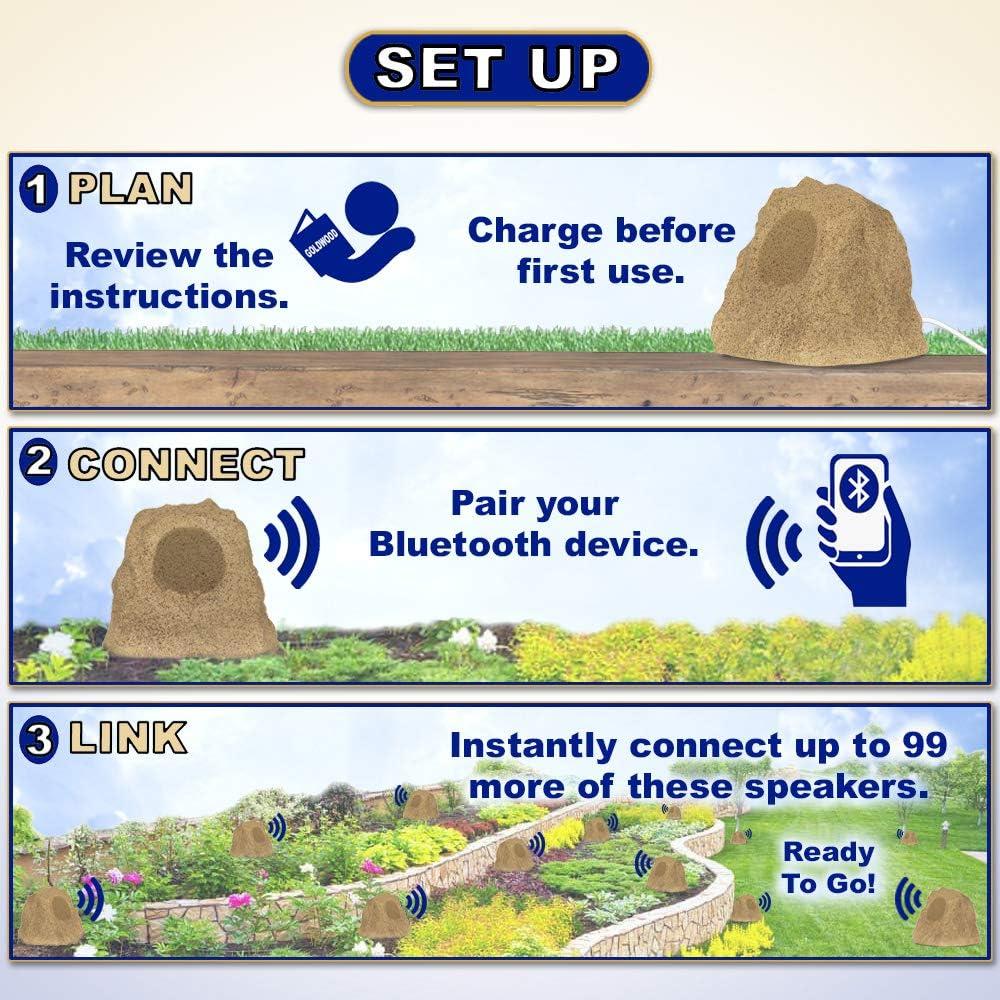 Theater Solutions by Goldwood B42S Wireless Rechargeable Bluetooth Outdoor Rock Speaker System – Sandstone, Set of 2, 120 Watts