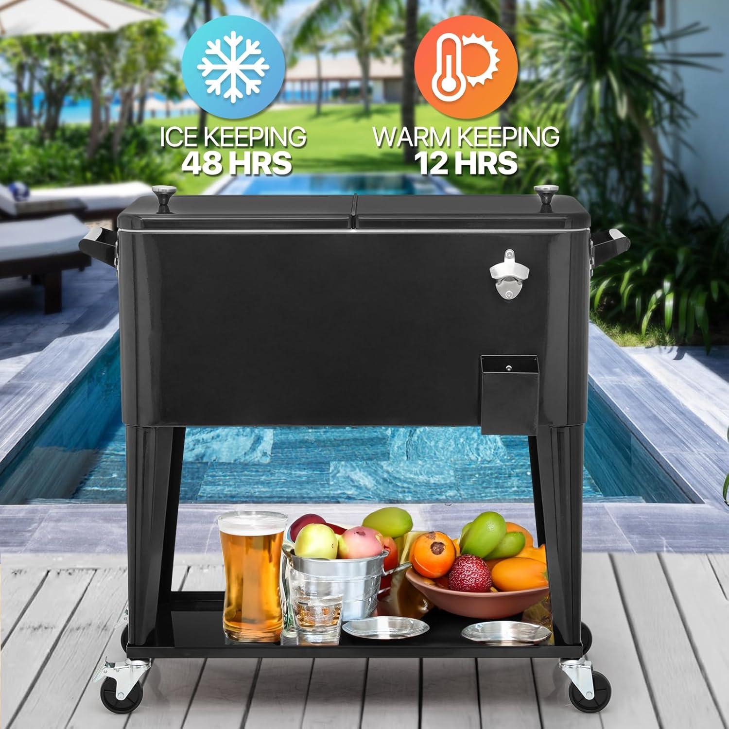 Bring Home Furniture Outdoor 80 Qt Rolling Cooler Cart, with Bottle Opener + Storage Shelf Camping Beverage Ice Chest