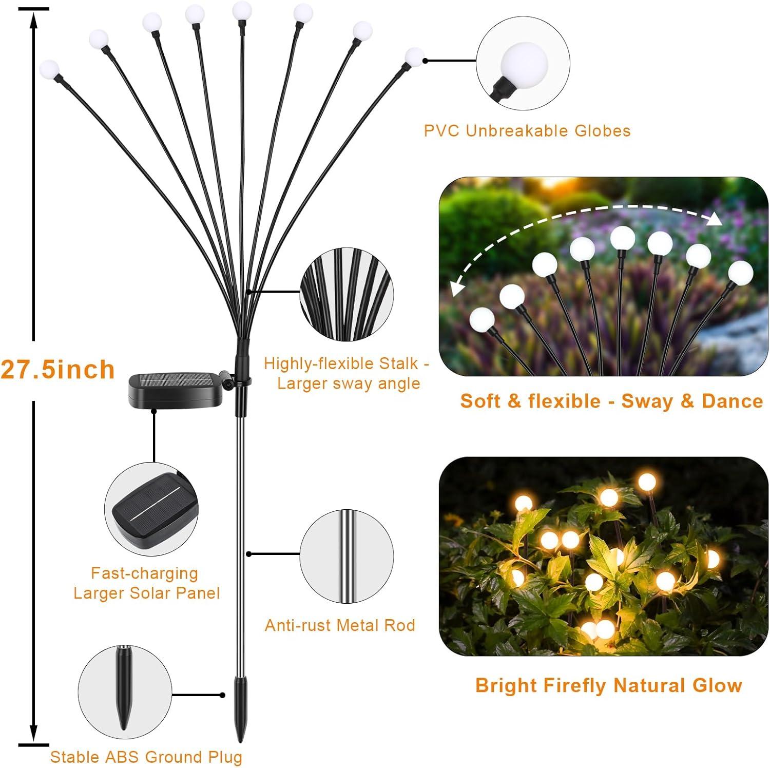 4 Pack Firefly Garden Lights Solar Outdoor: Solar Firefly Lights Outdoor Waterproof, 32 LED Solar Powered Firefly Lights, Swaying by Wind, Solar Lights for Outside Garden Decoration (Warm White)