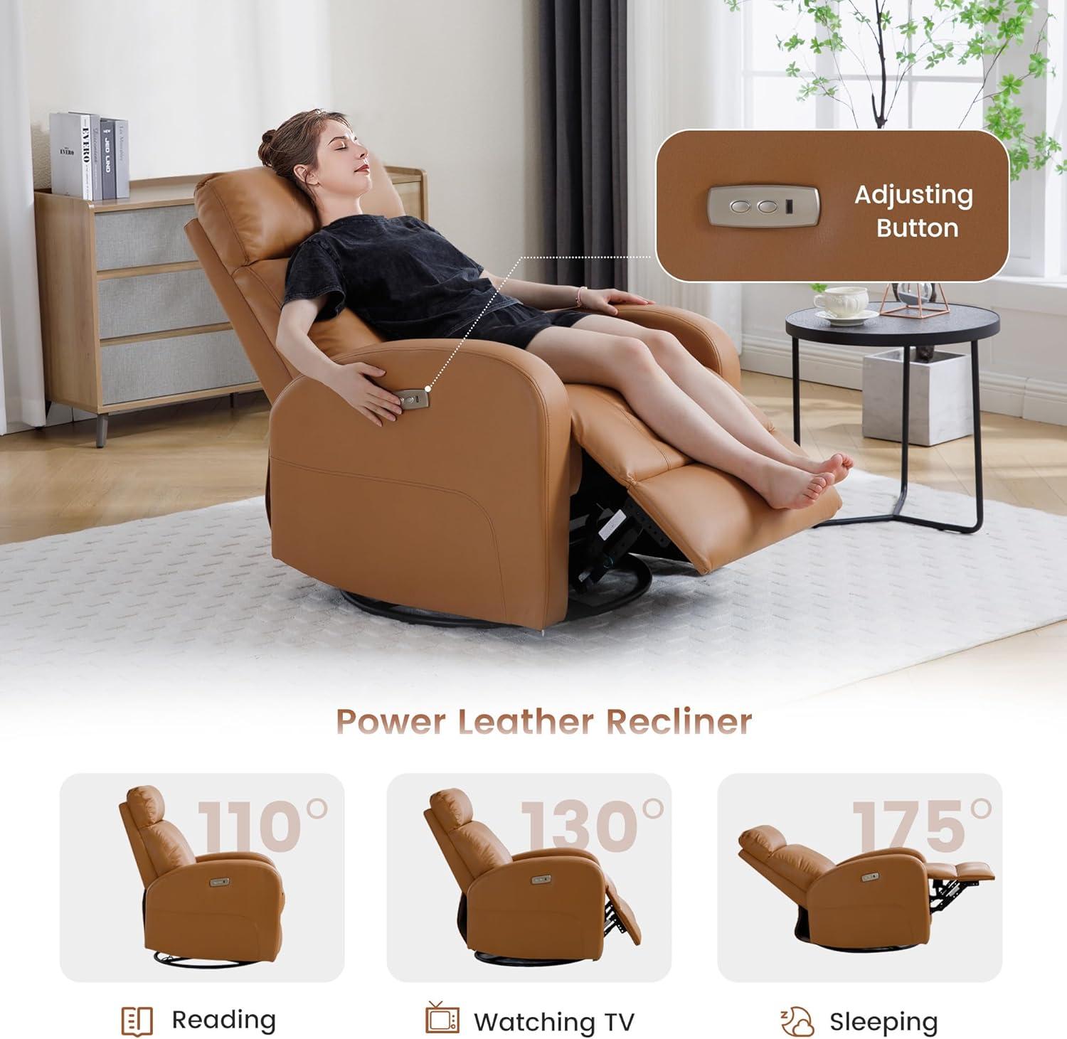 Swivel Rocker Recliner Chair, Manual Leather Recliner, Glider Rocking Recliner Chair 360°Swivel Nursery Reclining Chair with Adjustable Headrest/Highback for Living Room, Brown