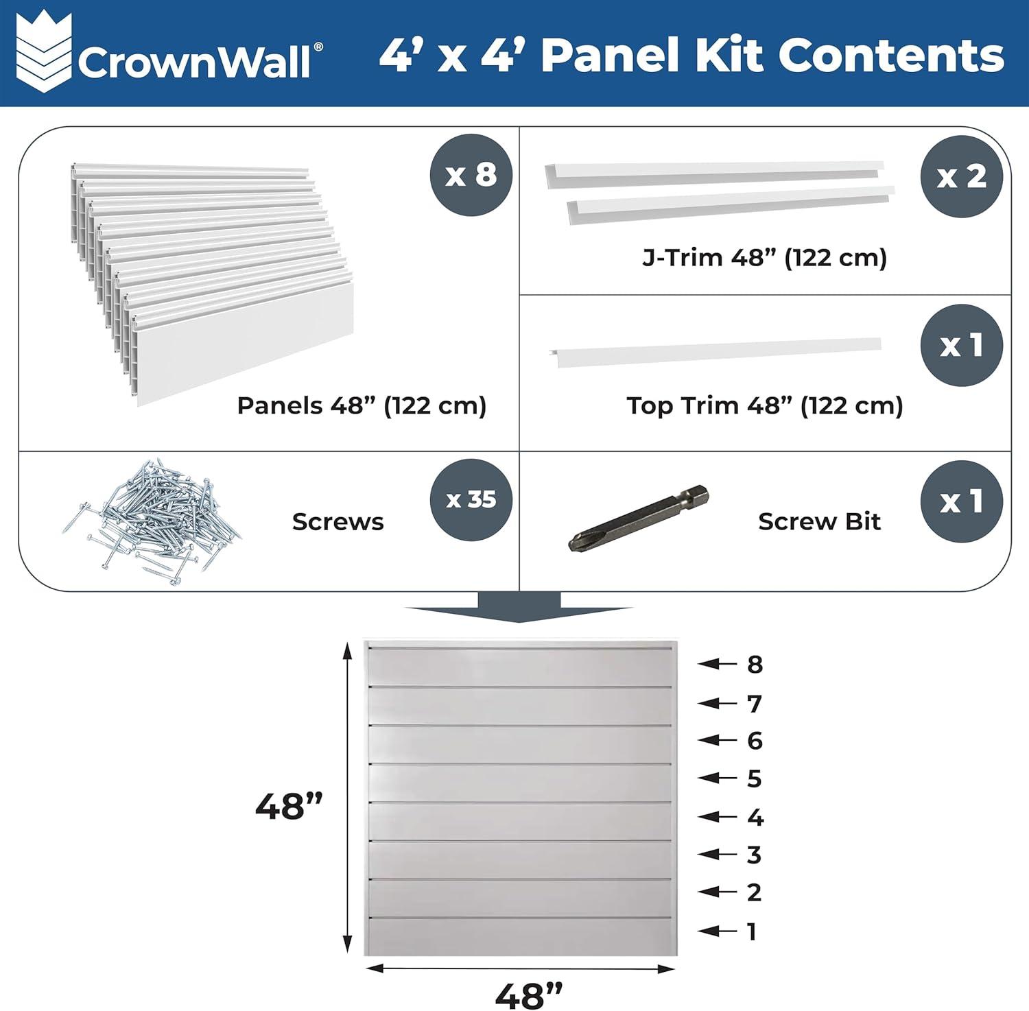 CrownWall PVC Slat Wall Panels Garage Wall and Home Organizer Storage System  | 4ft by 4ft (Set of 8)