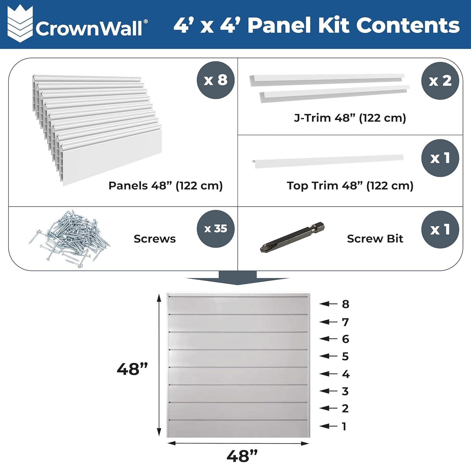 CrownWall PVC Slat Wall Panels Garage Wall and Home Organizer Storage System  | 4ft by 4ft (Set of 8)