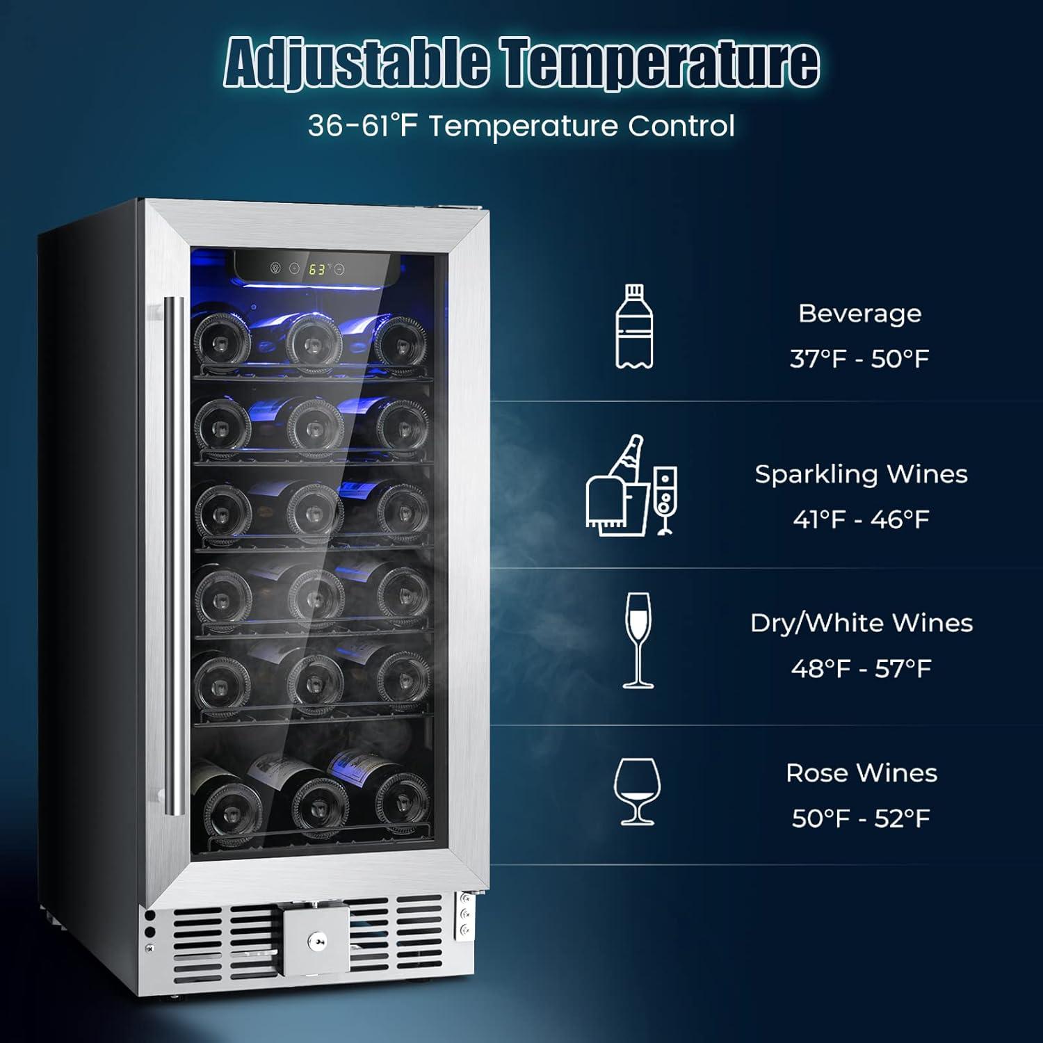 Costway 15'' Wine Beverage Cooler Refrigerator 30-Bottle Freestanding Built-in Fridge