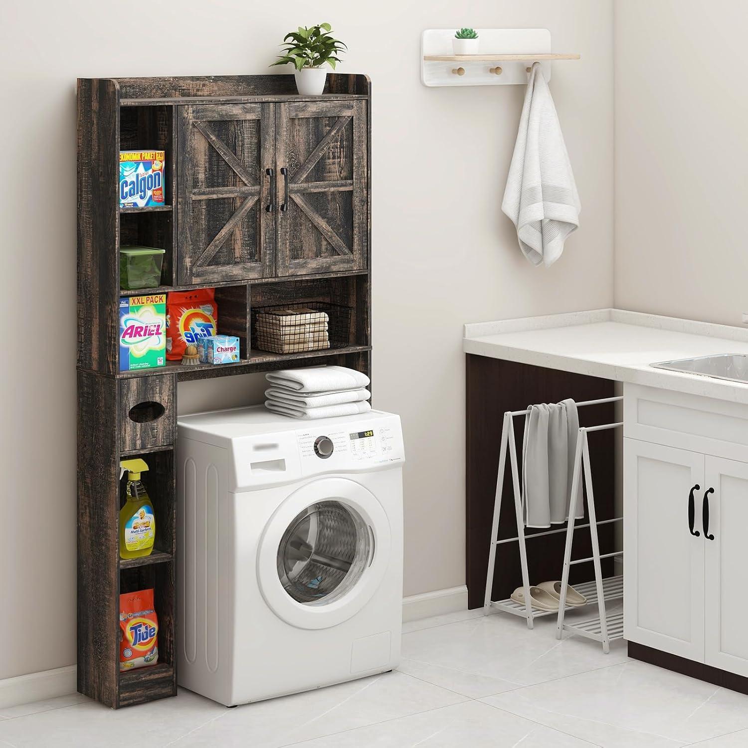 Over The Toilet Storage Cabinet, with 2 Barn Doors & Toilet Paper Holder Stand