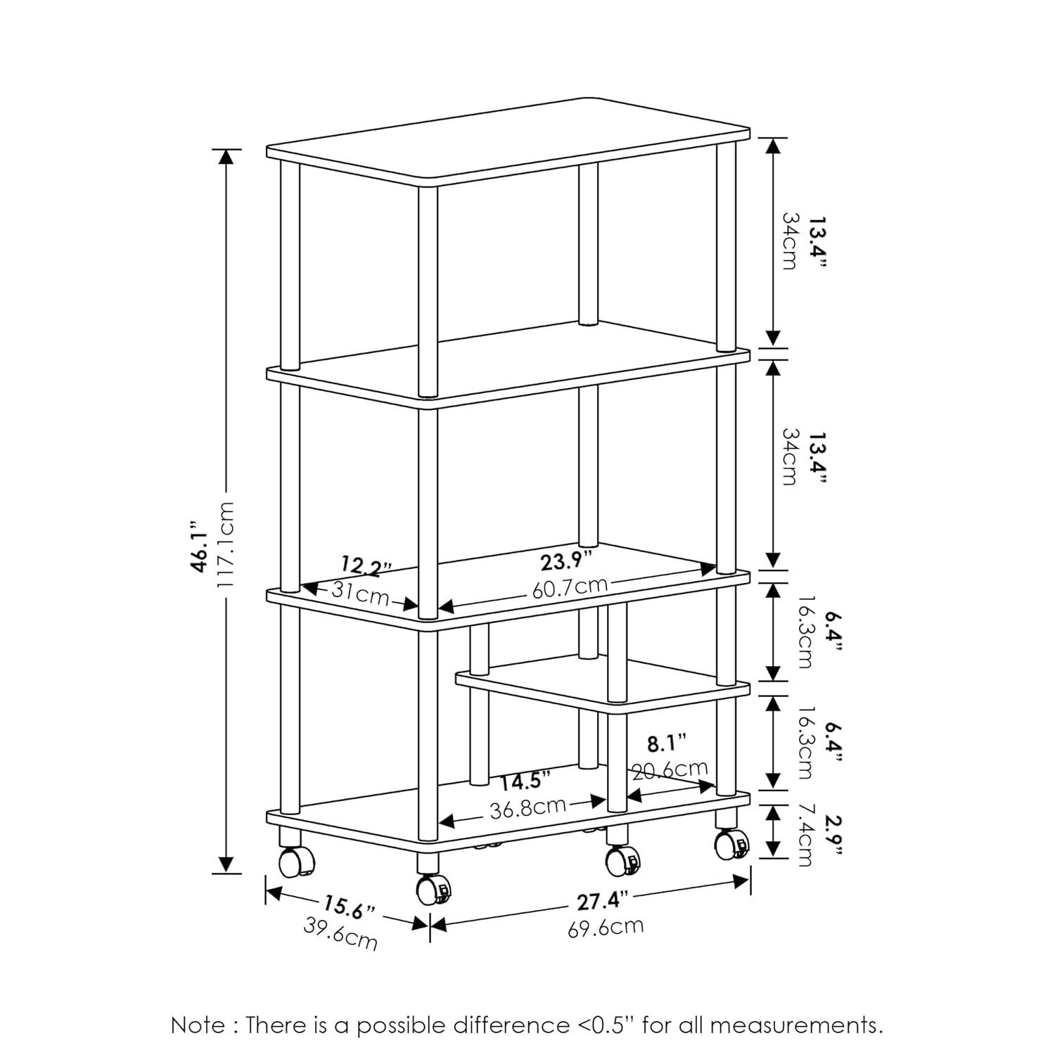 Furinno Turn-N-Tube 4-Tier Toolless Multipurpose Printer Stand Display Storage Shelf with Wheels, Amber Pine/Black