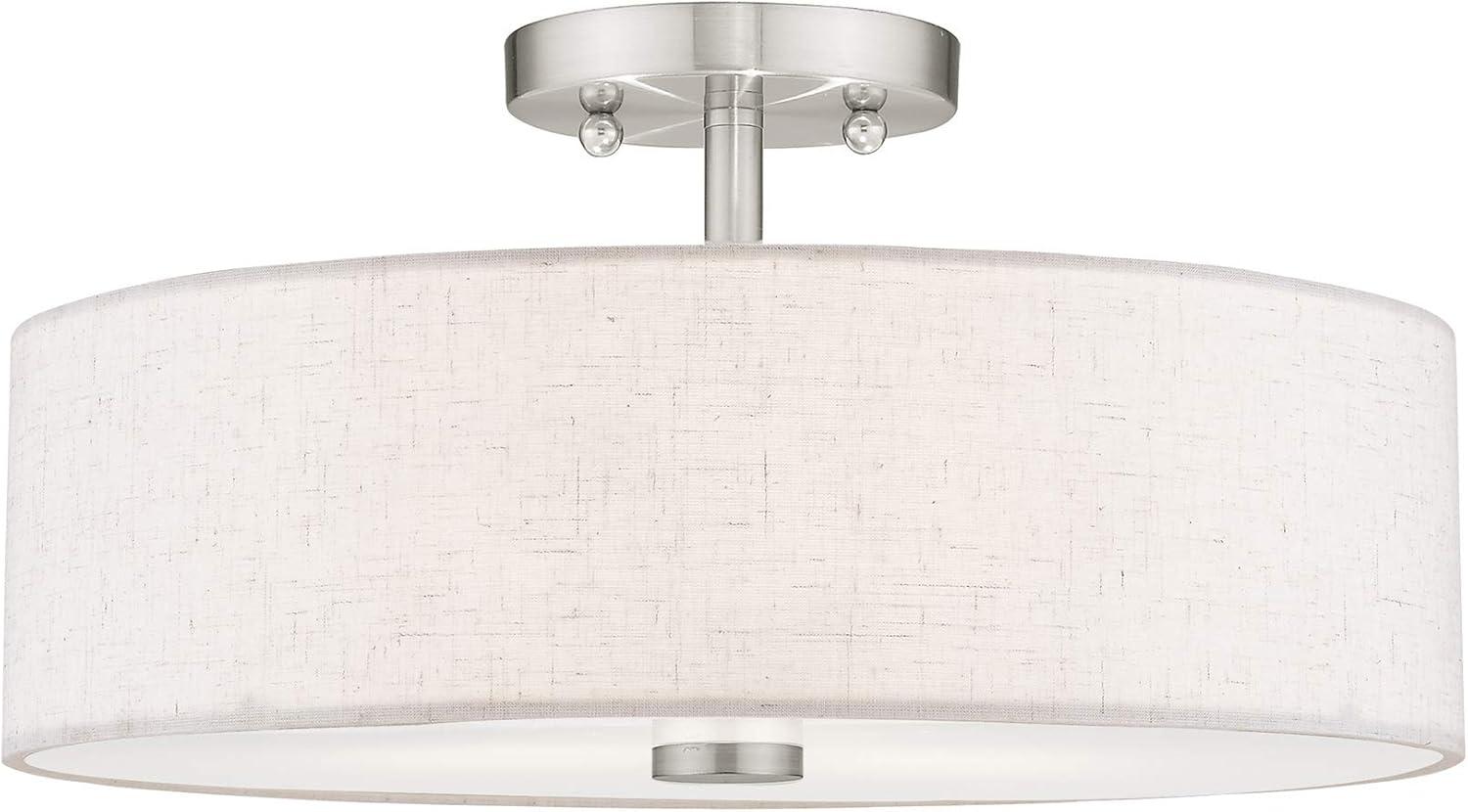 Meridian Brushed Nickel 3-Light Drum Ceiling Fixture with Oatmeal Shade