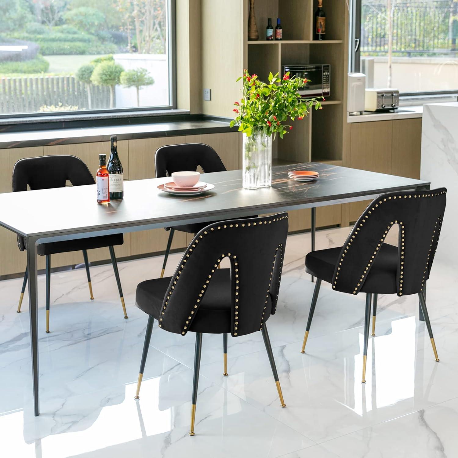Aoowow Modern Dining Chairs Set of 2, Velvet Upholstered Side Chairs with Nailheads and Gold Tipped Black Metal Legs (Black)