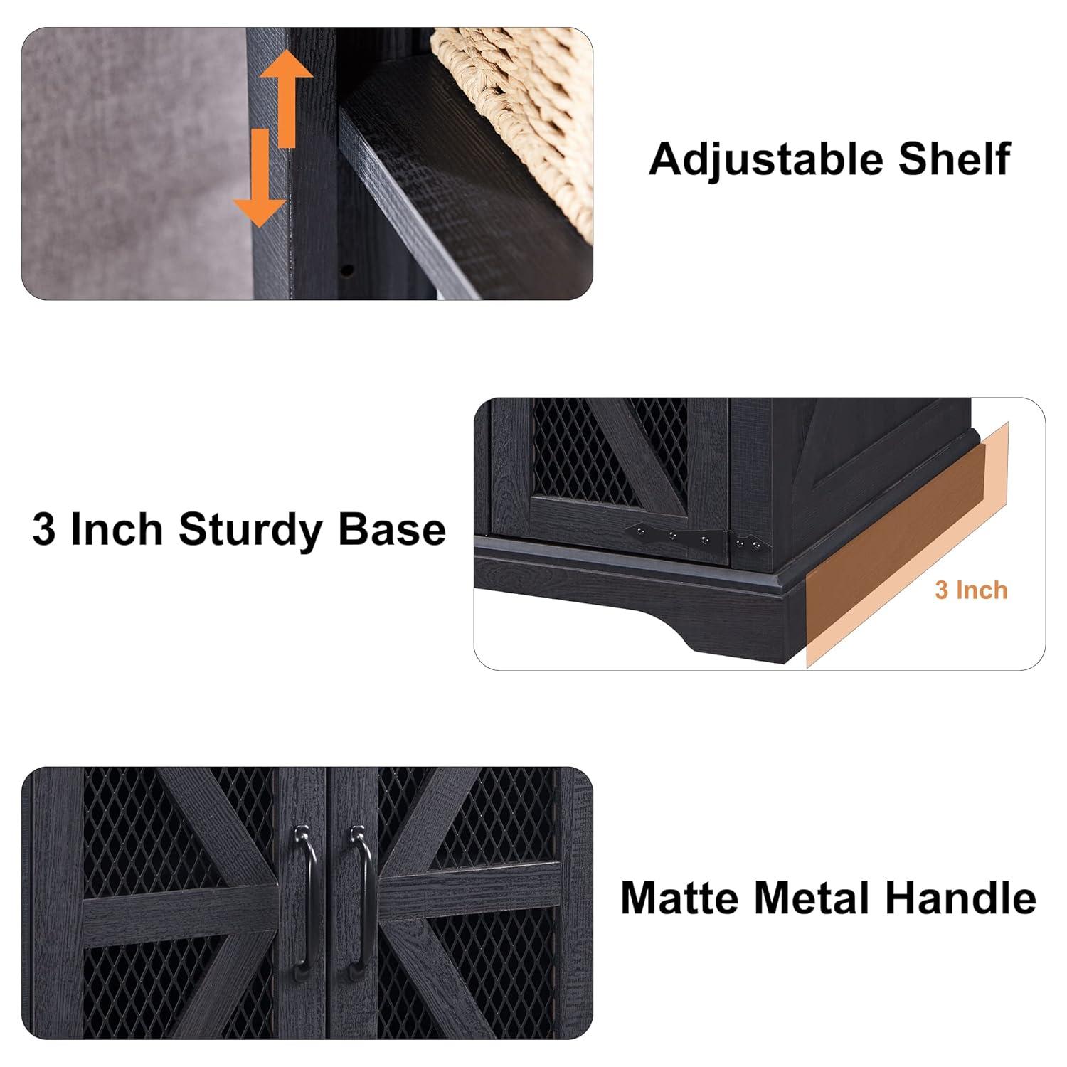 Farmhouse End Table, 24" Large Sofa Side Table with Charging Station, Mesh Barn Door, and Adjustable Storage Shelf, Rustic Wood Square Nightstand for Living Room, Bedroom, Office, Brown