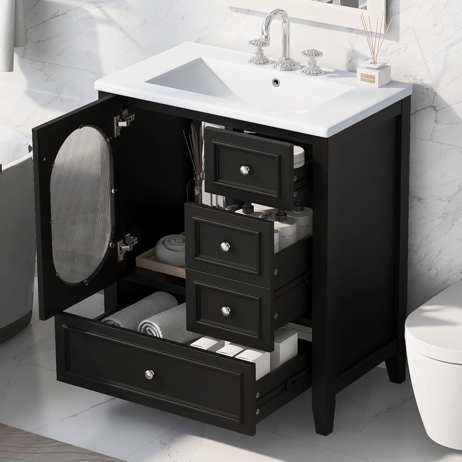 Black 30" Freestanding Bathroom Vanity with Ceramic Sink and Glass Door