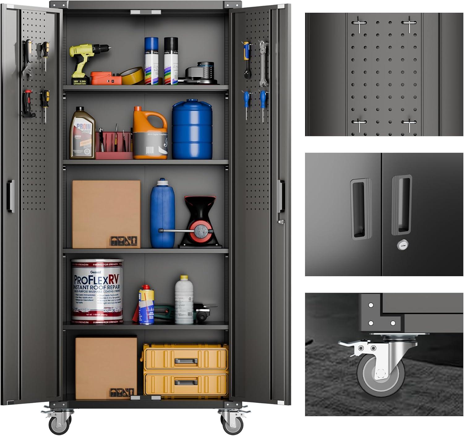 AOBABO 72 Inch Locking Metal Garage Storage Cabinet with Universal Rubber Wheels with Lockable Casters, Pegboards, and Magnetic Doors, Black