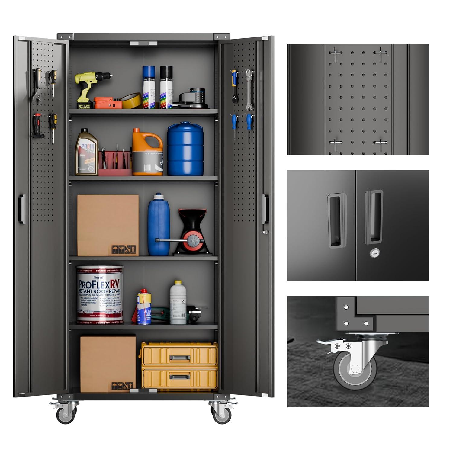 AOBABO 72 Inch Locking Metal Garage Storage Cabinet with Universal Rubber Wheels with Lockable Casters, Pegboards, and Magnetic Doors, Black
