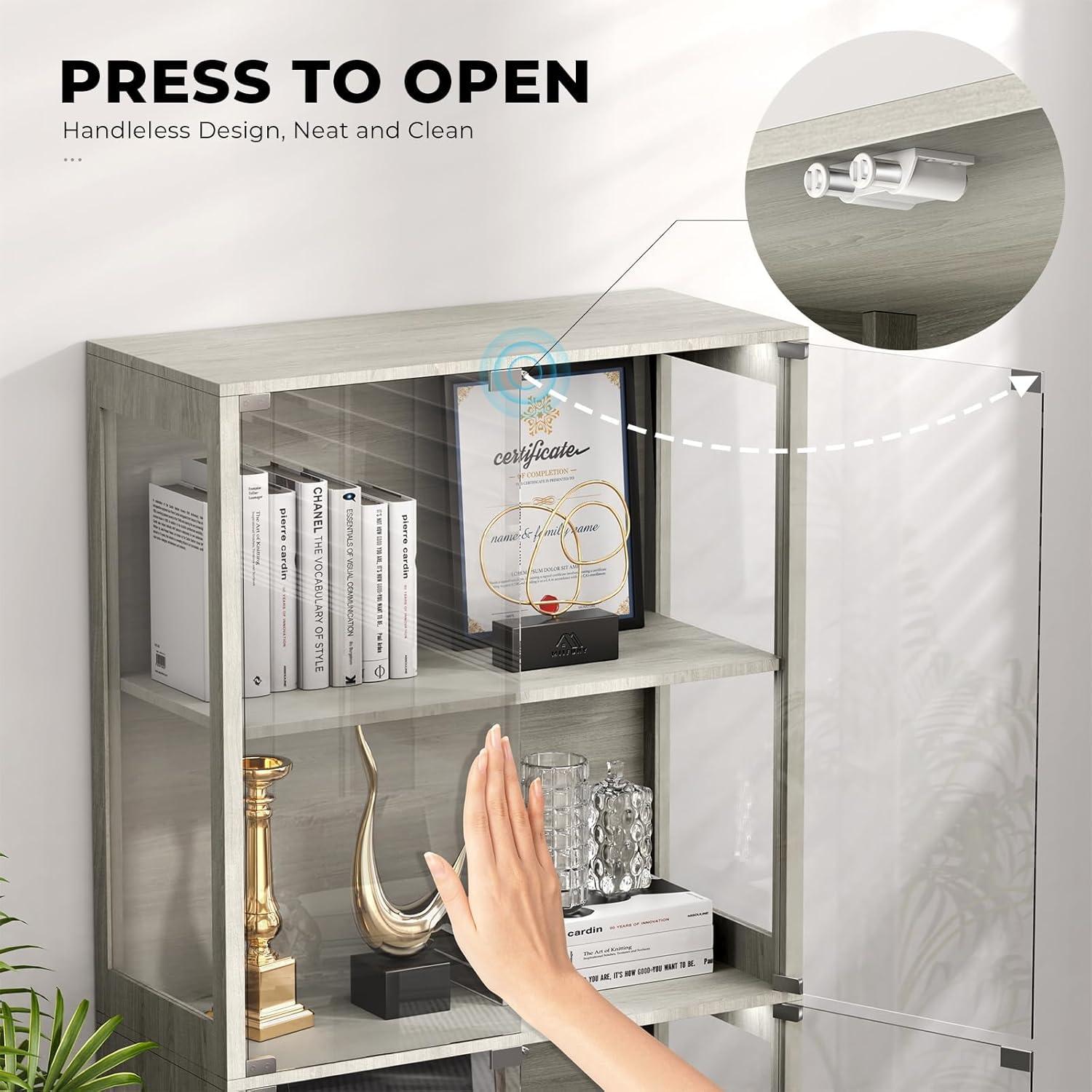 Ivy Bronx Display Cabinet with Glass Doors, 4-Tier Curio Cabinet&Bookcase with 3 Color Light for Collectibles