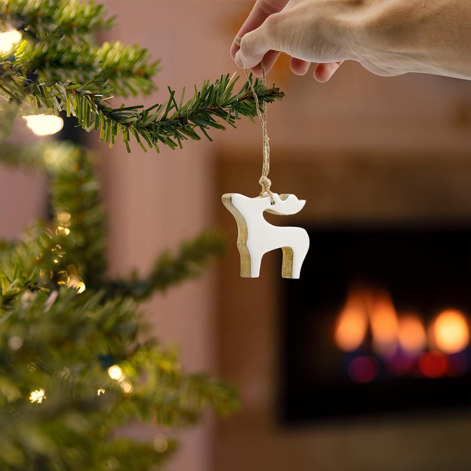 AuldHome Design White Reindeer Christmas Ornaments 12pk; Rustic Farmhouse Wood w/ Enamel Tree Decorations, Retro Vintage Enamelware Style
