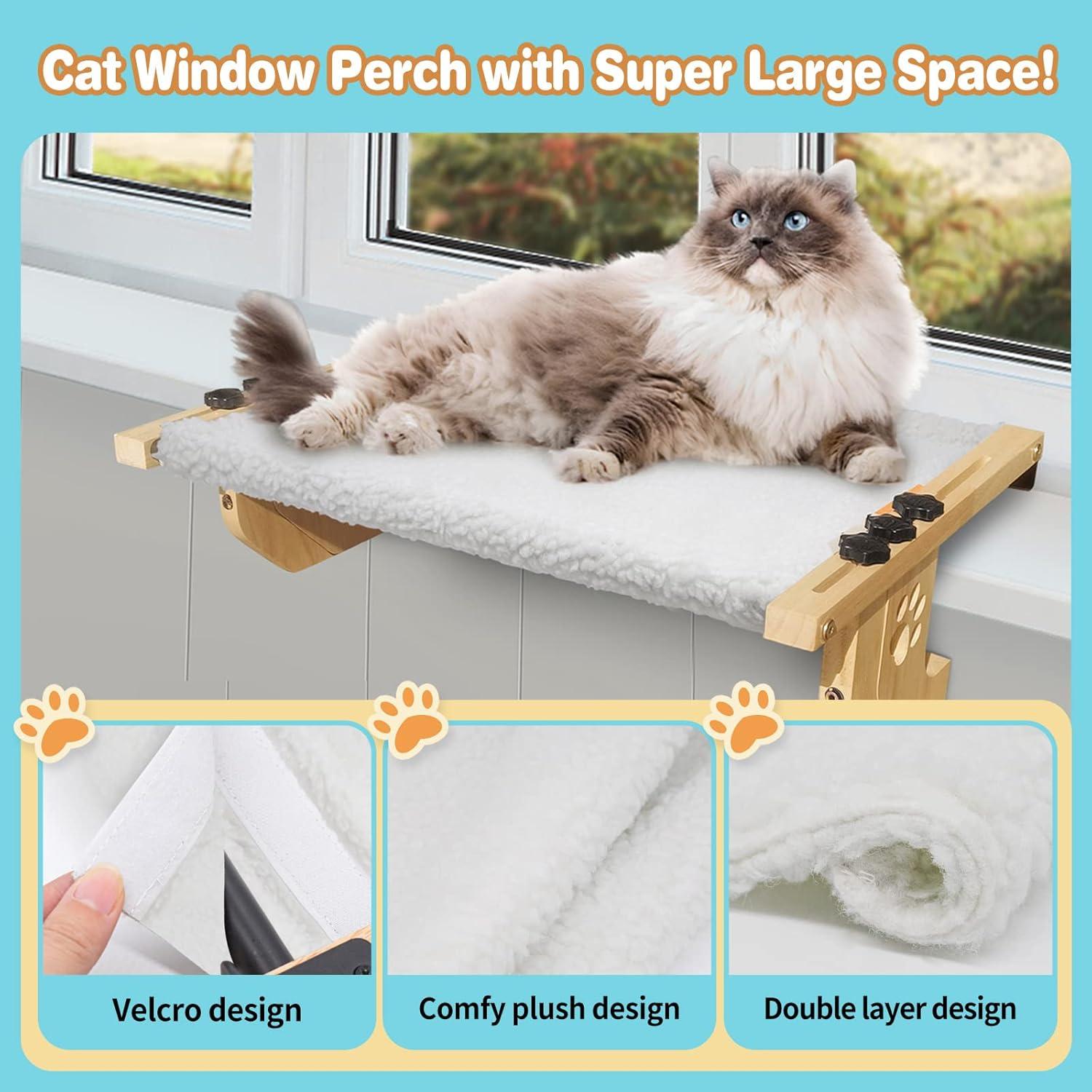 Window Perch Sturdy Cat Hammock With Wood and Metal Frame - No Drilling Required - Multiple Uses - Bed for Windowsill, Floor, Bedside or Cabinet - Suitable for Large Cats (L-White Plush)