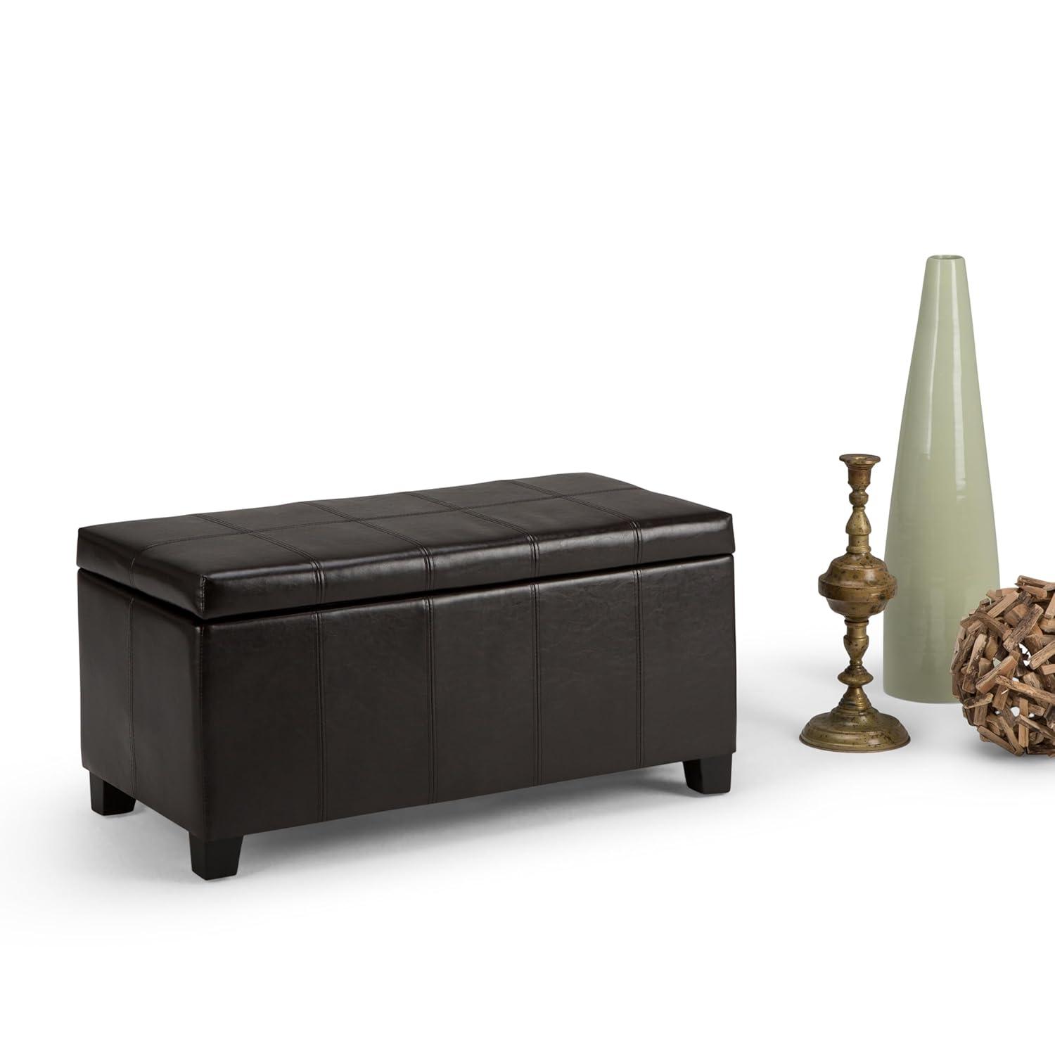 Simpli Home Dover Faux Leather Storage Bench in Tanners Brown