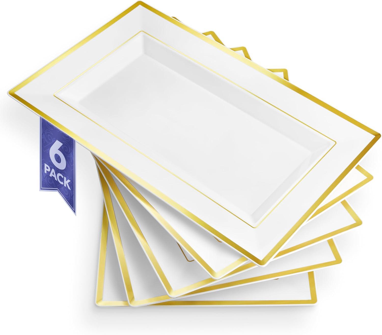 Premium White and Gold Plastic Serving Trays, 6-Piece Set