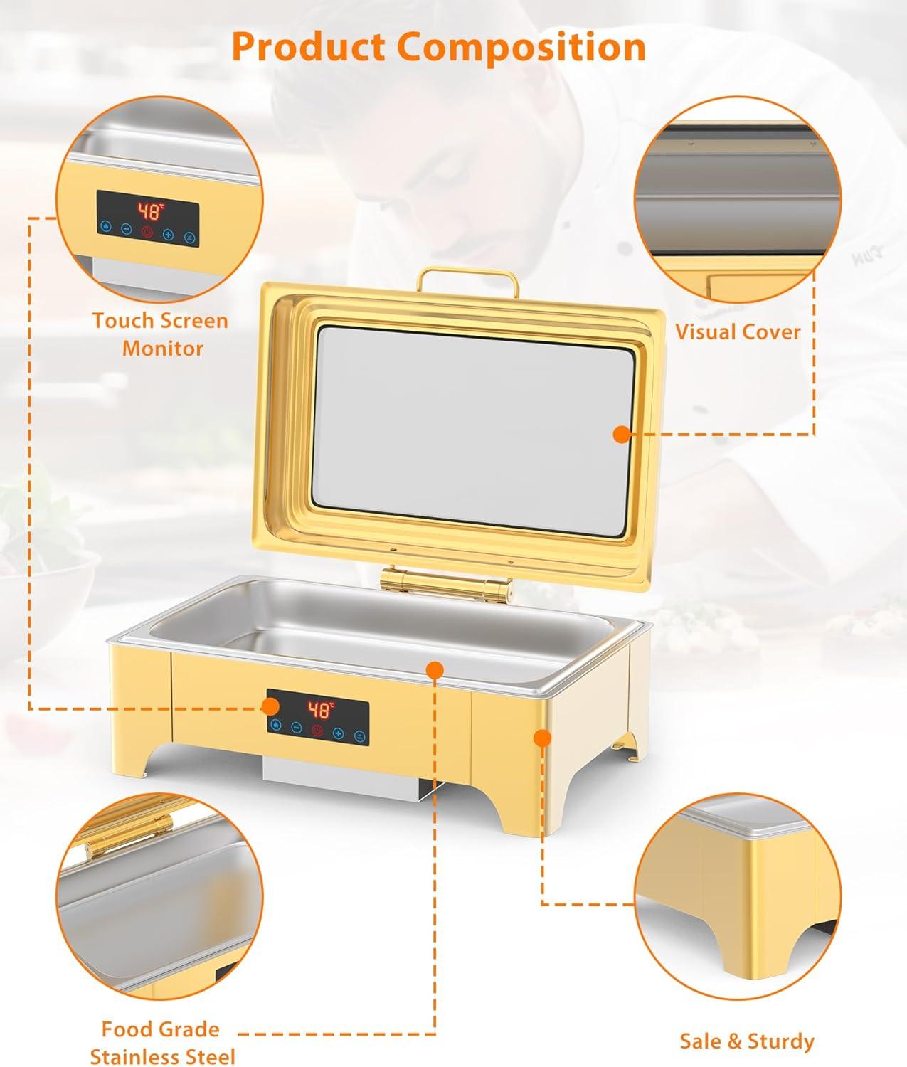 Gold Stainless Steel 9QT Electric Chafing Dish with Touch Screen