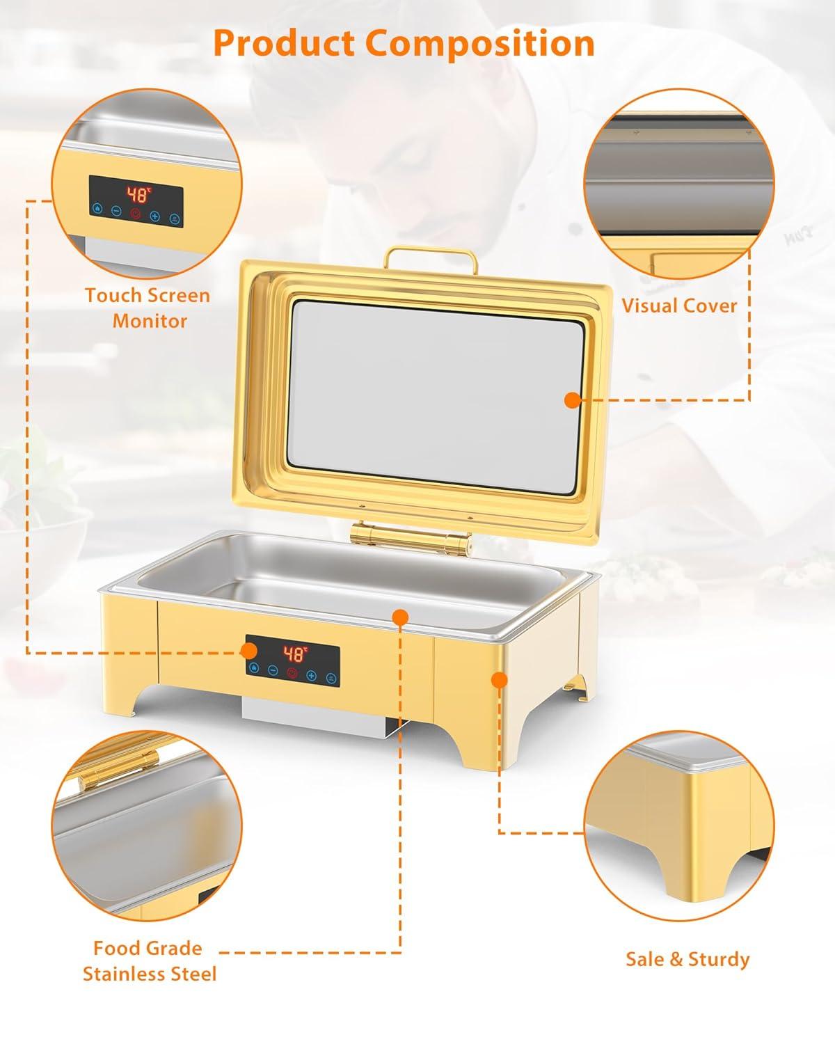 Gold Stainless Steel 9QT Electric Chafing Dish with Touch Screen