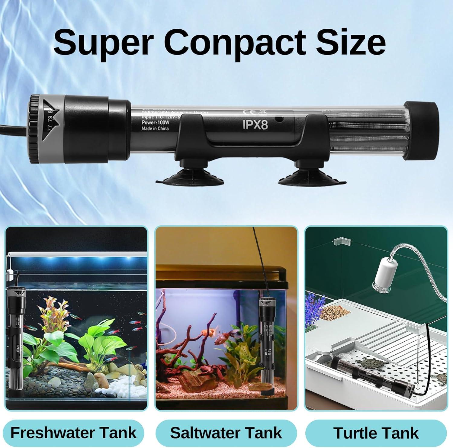 SainSmart XpertMatic Submersible Aquarium Heater, 100W Adjustable Fish Tank Heater Thermostat with Suction Cup, for Marine Saltwater and Freshwater, Up to 20 Gallon Fish Tanks