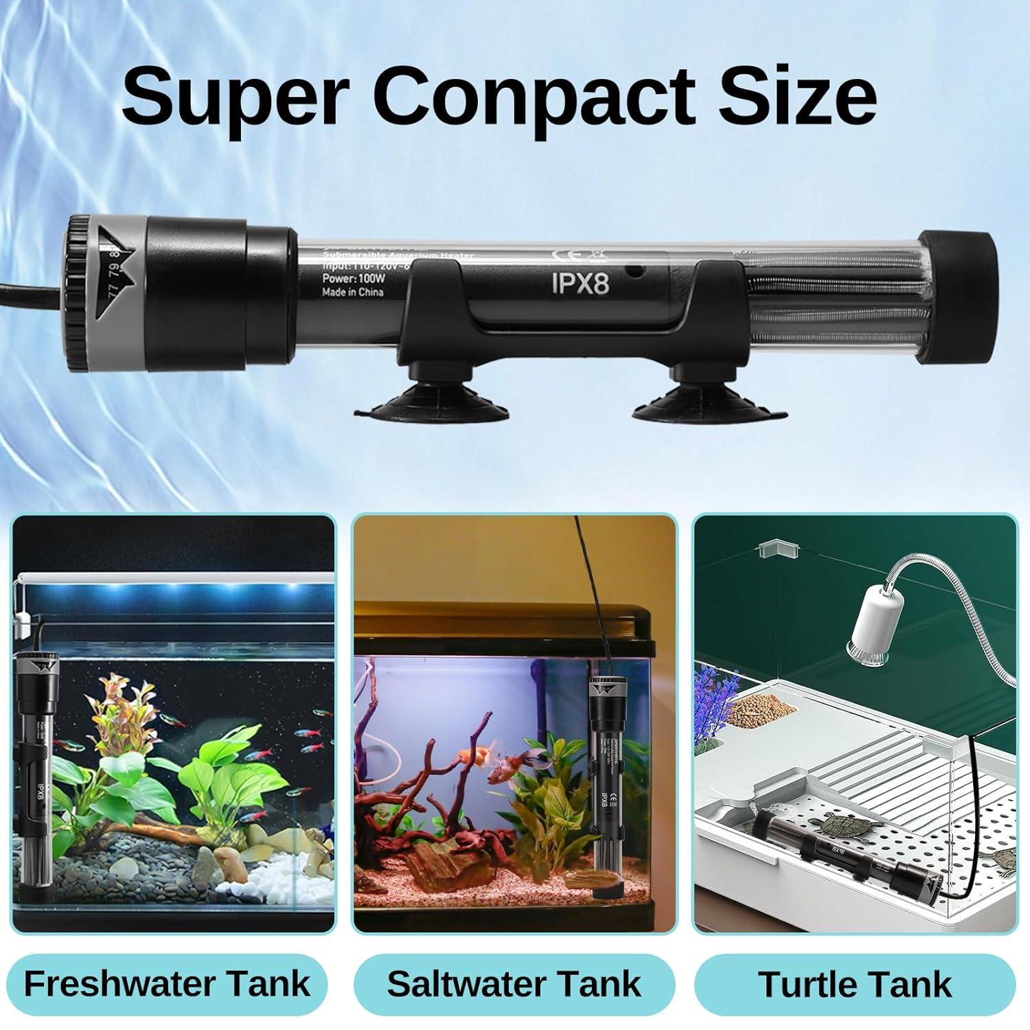 SainSmart XpertMatic Submersible Aquarium Heater, 100W Adjustable Fish Tank Heater Thermostat with Suction Cup, for Marine Saltwater and Freshwater, Up to 20 Gallon Fish Tanks