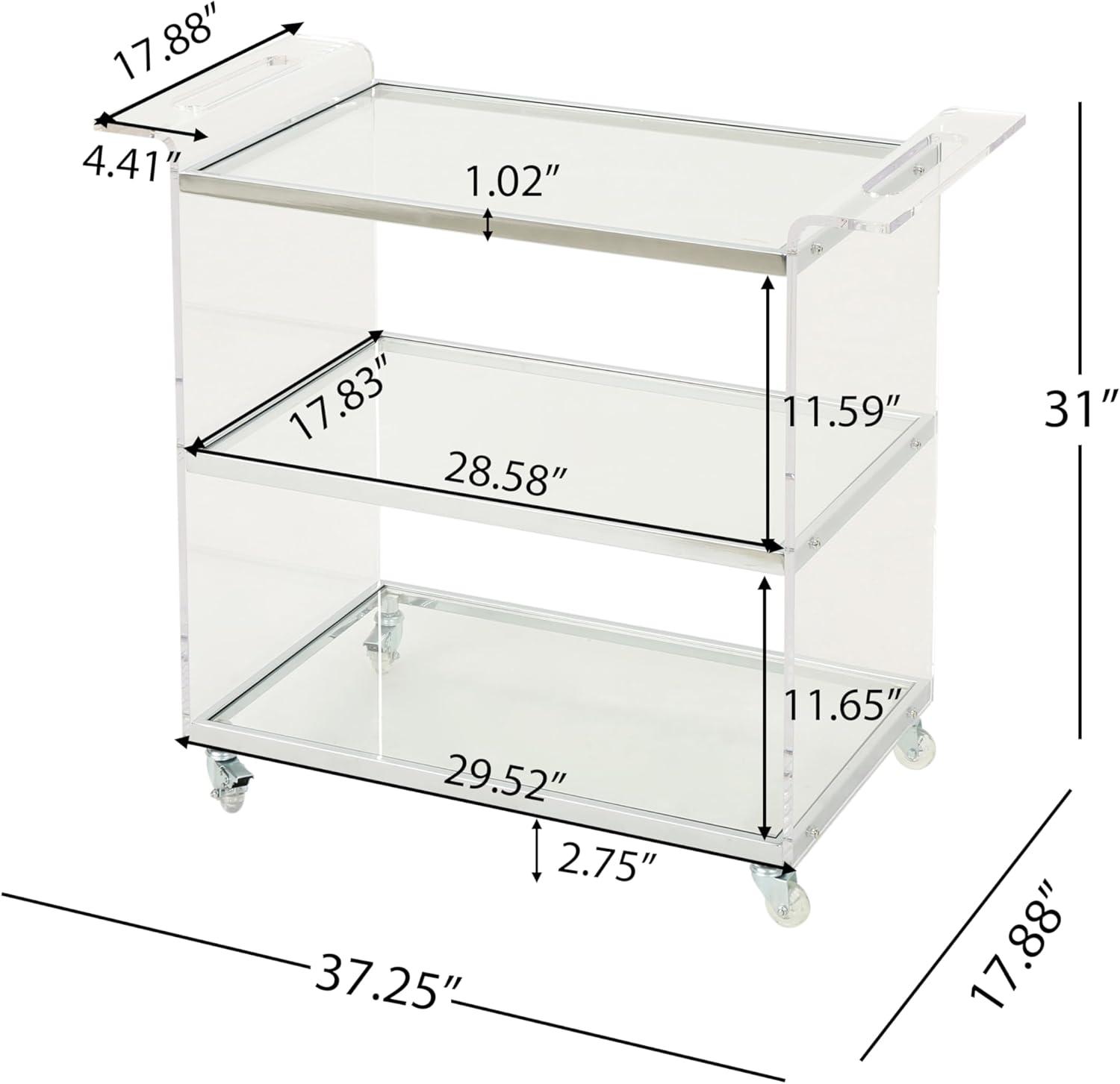 Yves Acrylic Bar Trolley Clear - Christopher Knight Home: Tempered Glass Shelves, Modern Serving Cart with Casters/Wheels