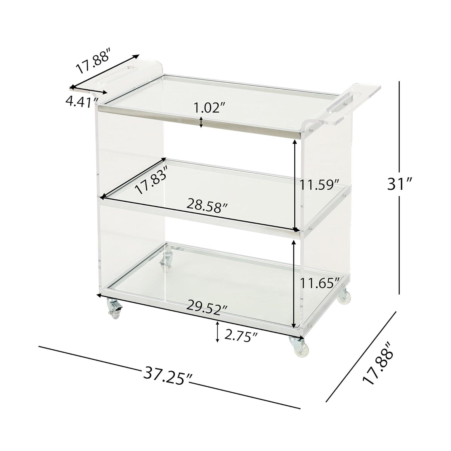 Yves Acrylic Bar Trolley Clear - Christopher Knight Home: Tempered Glass Shelves, Modern Serving Cart with Casters/Wheels