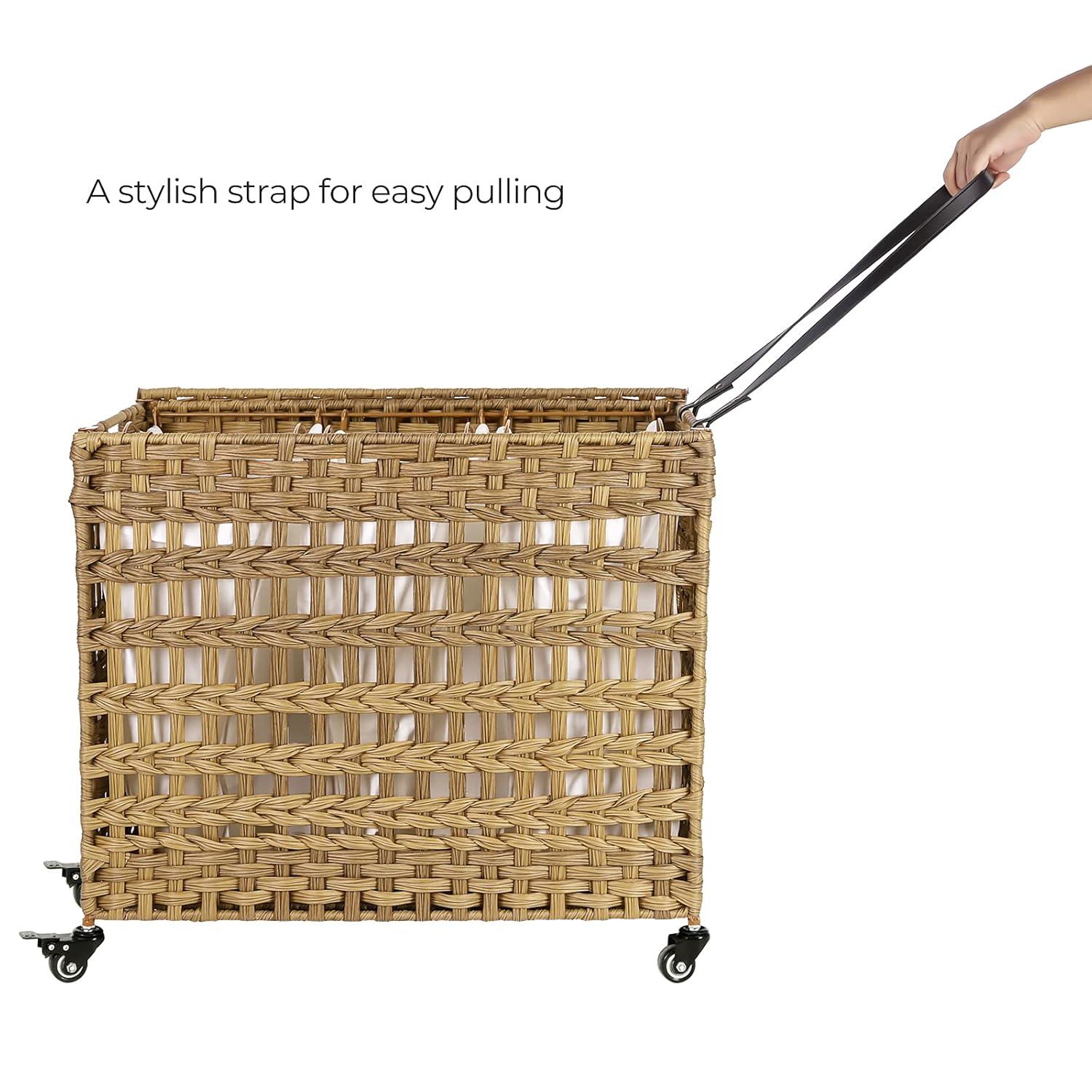 HeiStang Laundry Hamper with Lid, 140L Synthetic Rattan Laundry Basket with Wheels, Clothes Hamper with 3 Removable Liner Bags, 3-Section Hampers with Handles, Laundry Room, Natural ULCB083N01