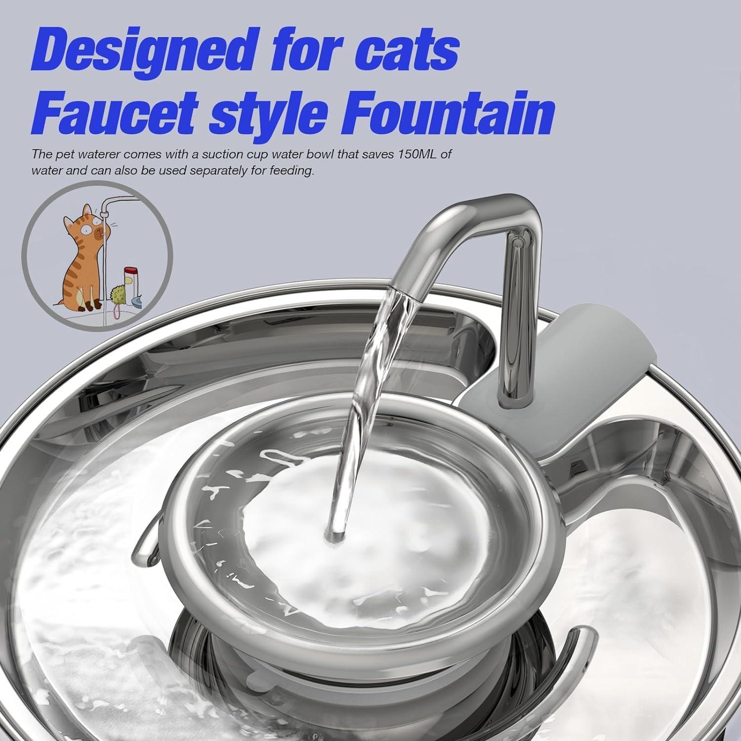 Hicuper Cat Water Fountain,108oz/3.2L MMF7 Stainless Steel Cat Fountain Removable Water Bowl,Pet Fountain with Water Level Window,Quiet Pump,Multi-Filter, Water Tap, Provides Flowing,for Dog Cats