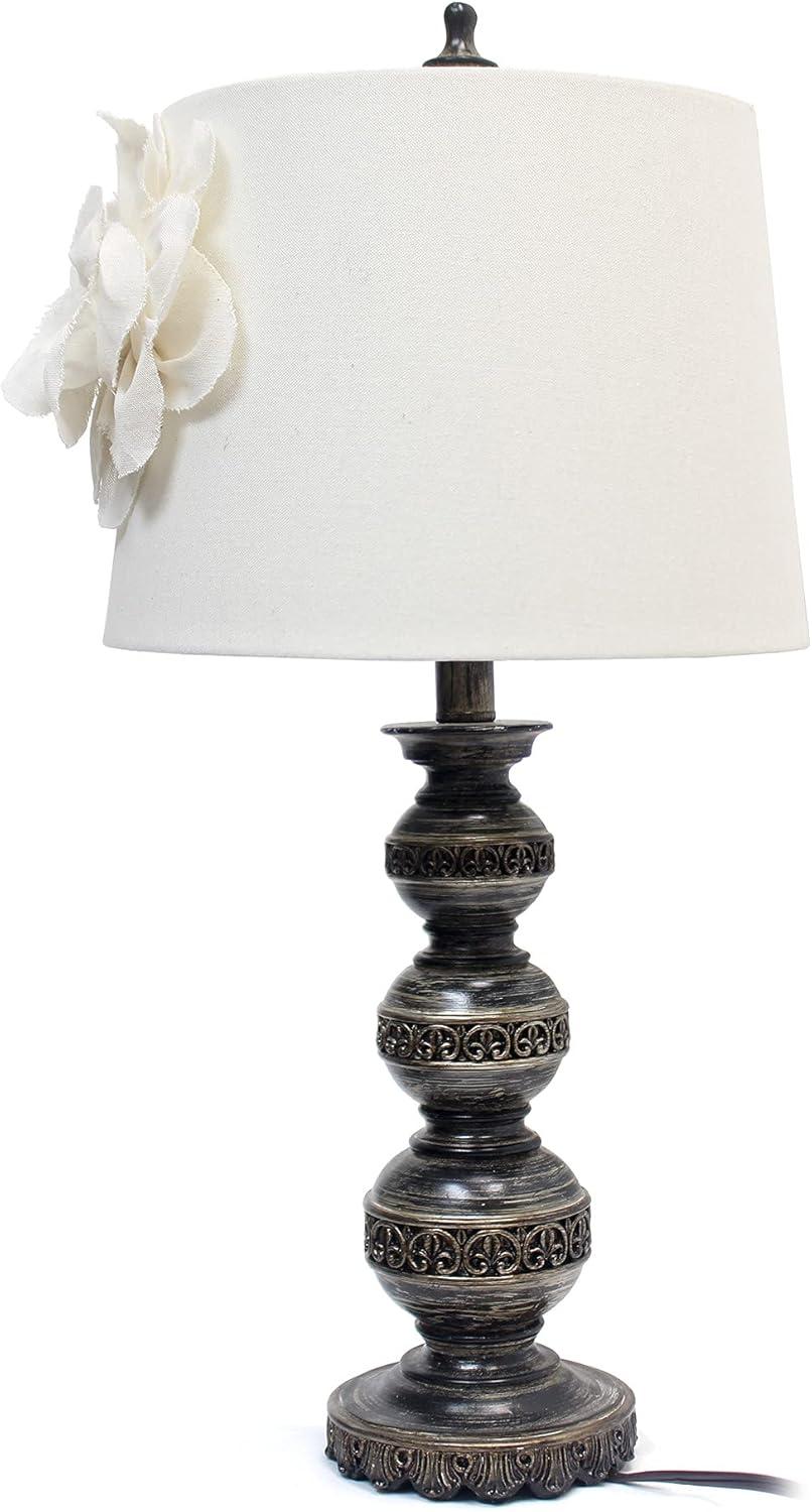 Aged Stacked Ball Table Lamp with Couture Linen Flower Shade White - Elegant Designs: Metal Base, No Assembly Required, UL Listed