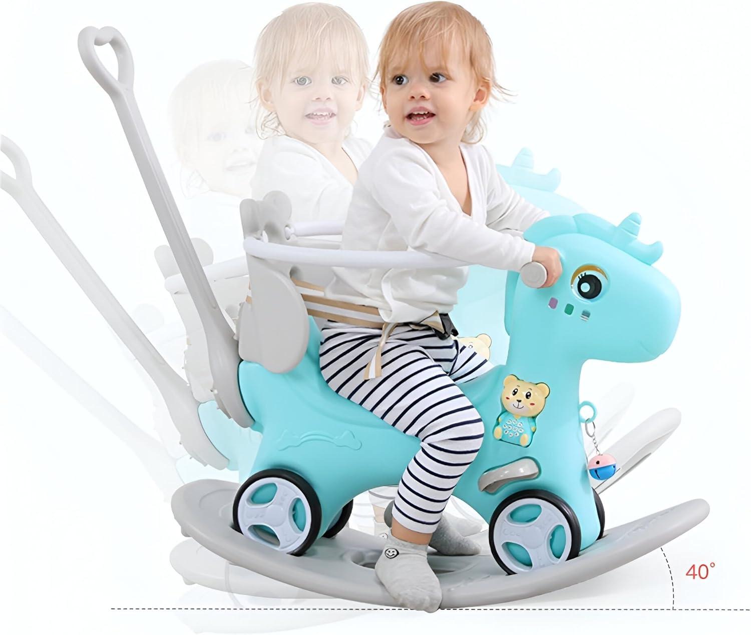 MONTARY Rocking Horse for Toddlers 1-3 Years, 4 in 1 Baby Rocking Horse Toy Fun Birthday Gift, Ride on Toys for Boys with Balance Bike Push Cart Detachable Balance Board