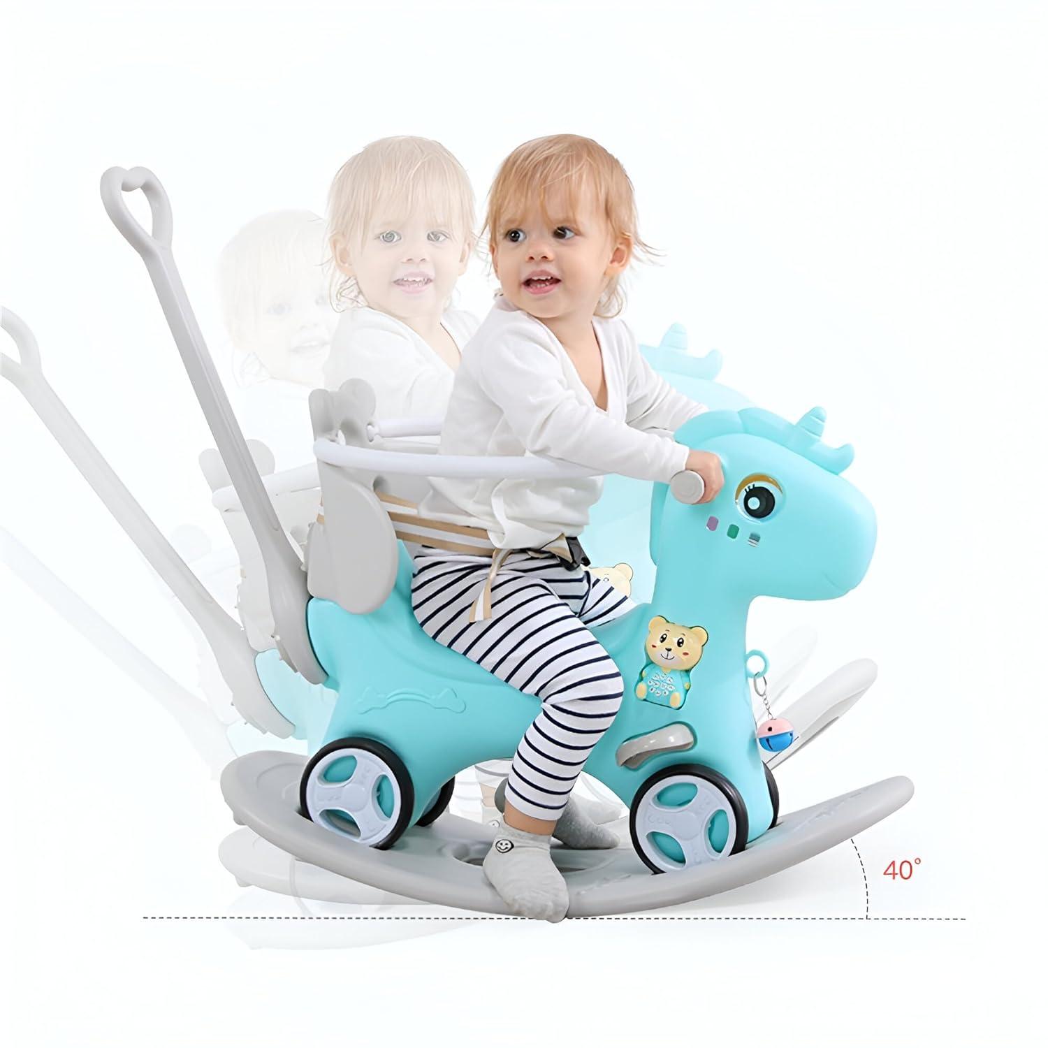 Rocking Horse for Toddlers 1-3 Years,4 in 1 Design, Kids Ride on Toy Balance Bike Push Cart with Detachable Balance Board,Fun Birthday Gift-Blue