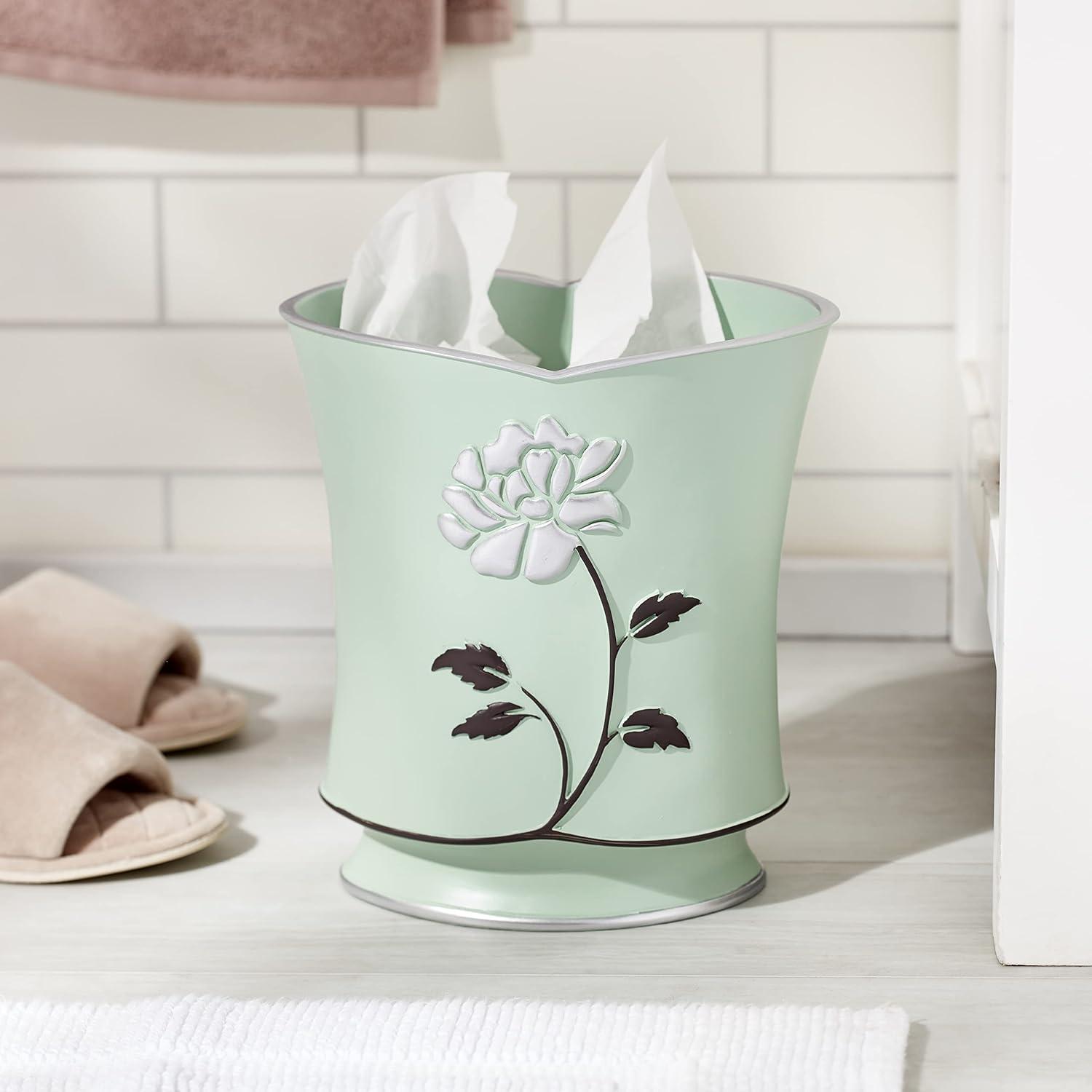 Aqua and Pearl White Floral Plastic Bathroom Waste Basket