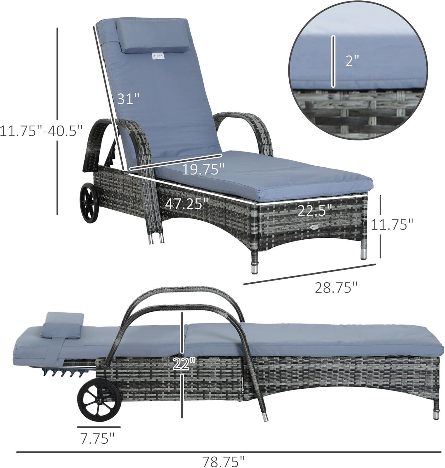 Outsunny Patio Wicker Chaise Lounge, PE Rattan Outdoor Lounge Chair with Cushion, Height Adjustable Backrest & Wheels