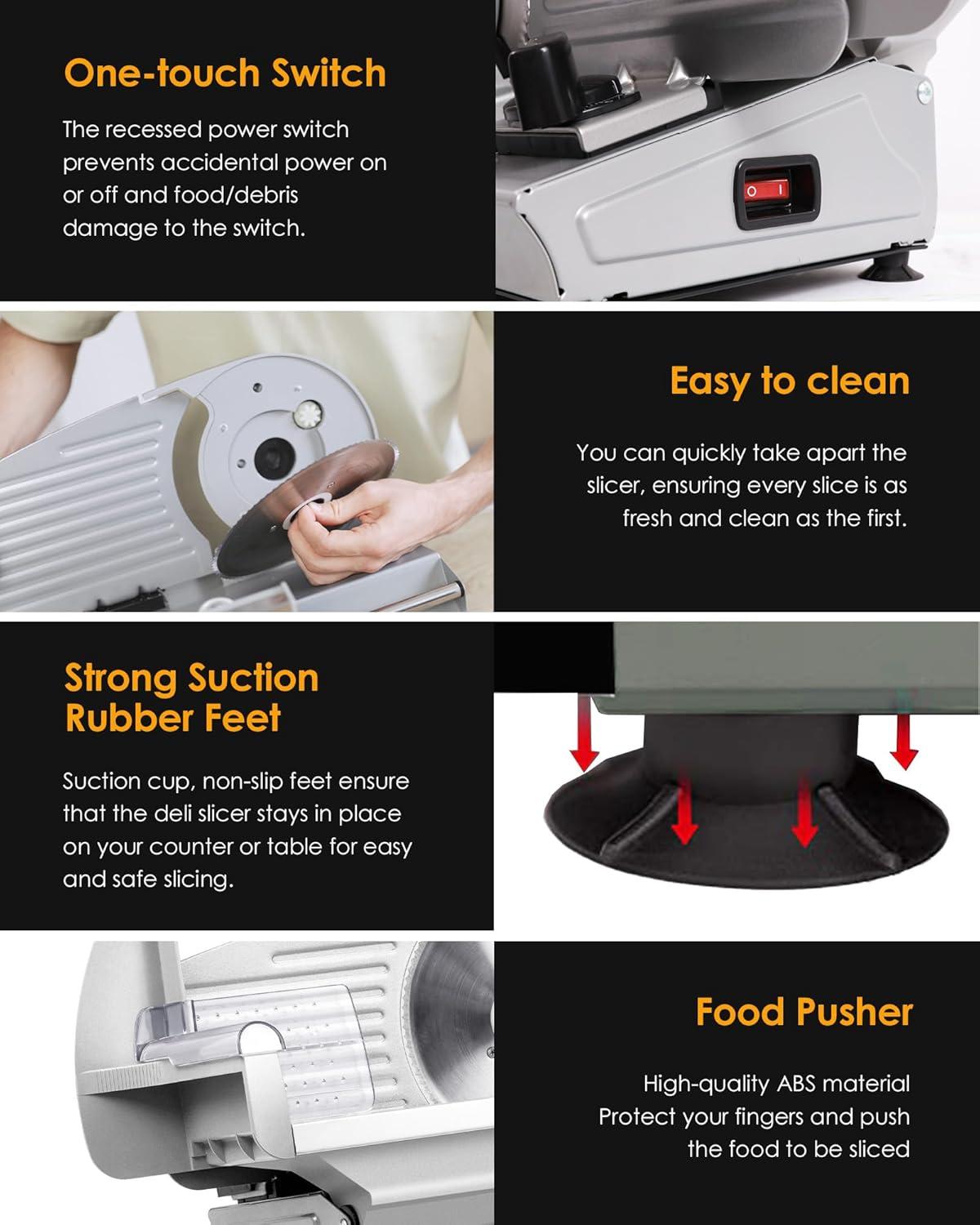 7.5" Electric Meat Slicer Machine for Home, with Stainless Steel Blade, 180 W, Adjustable Thickness, Easy to Clean, Food Slicer, Cuts Meat, Bread, Cheese and Deli, Sliver