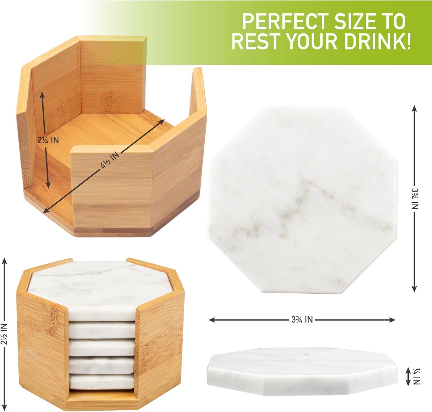 D'Eco White Carrara Marble Coasters w/ Bamboo Holder - Set of 5 - Tabletop Protection- Fits Any Size Wine Glass, Cup, Mug - Great Mother's Day Gift