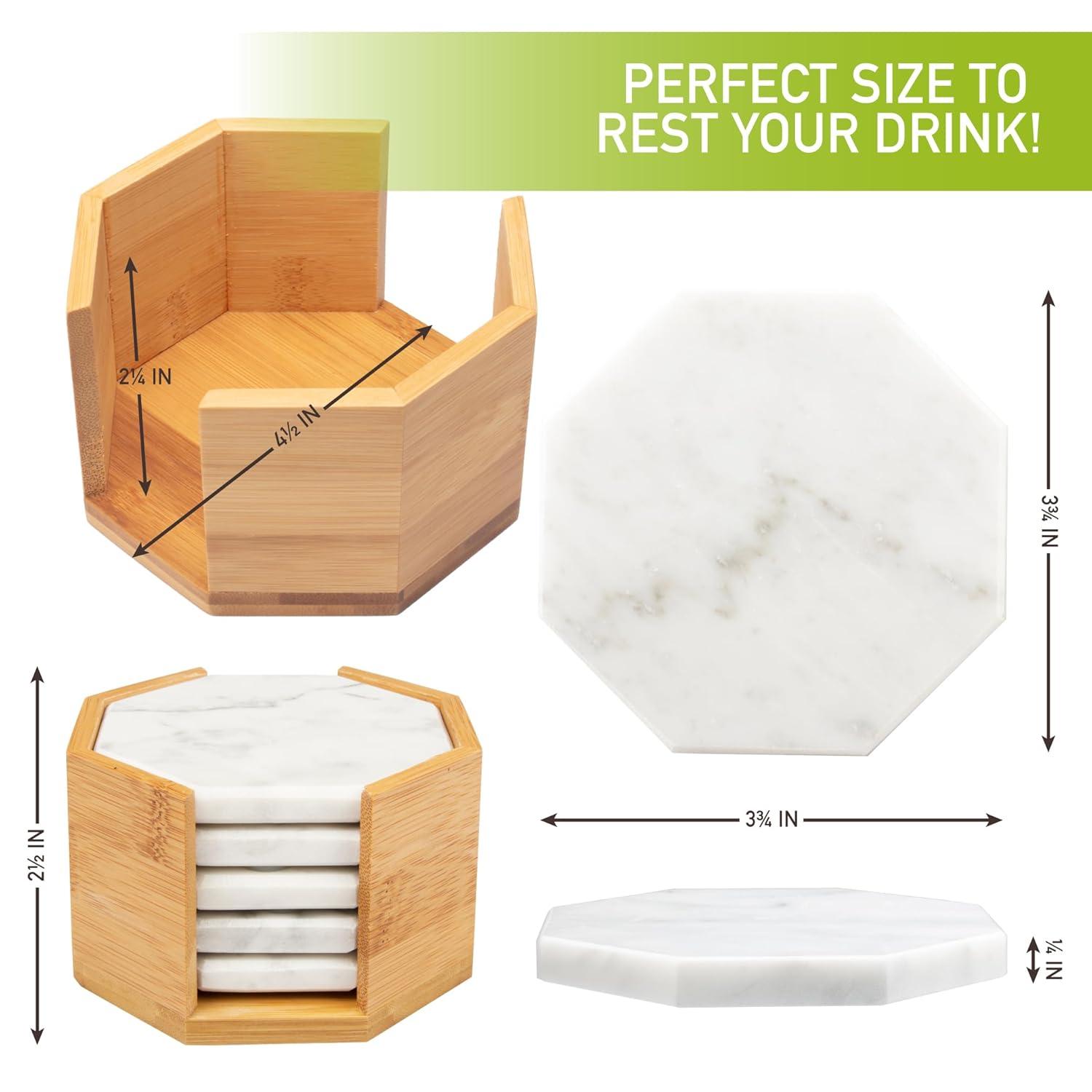 D'Eco White Carrara Marble Coasters w/ Bamboo Holder - Set of 5 - Tabletop Protection- Fits Any Size Wine Glass, Cup, Mug - Great Mother's Day Gift