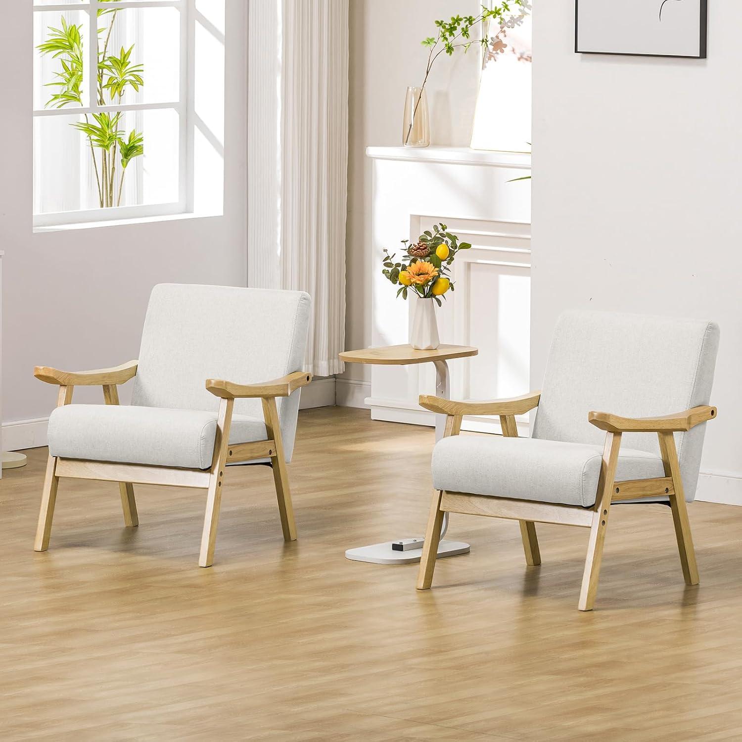 COMHOMA Mid Century Accent Chair, Modern Upholstered Living Room Chairs with Solid Wood Armrest, Comfy Reading Armchair for Bedroom, Sunroom, Balcony (Curved Armrests, Beige)