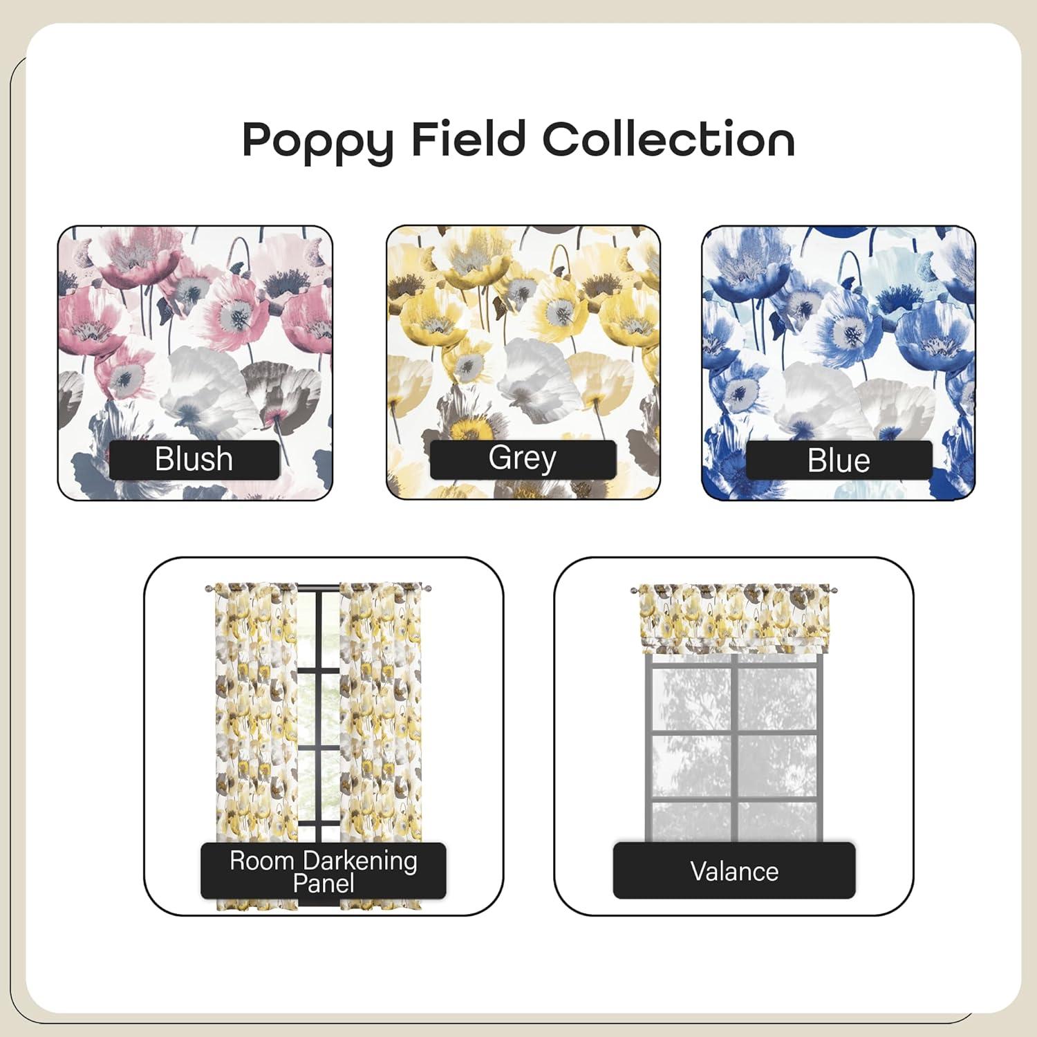 Achim Poppy Field Floral Rod Pocket Room Darkening Curtain Valance, Grey, 50" x 17"