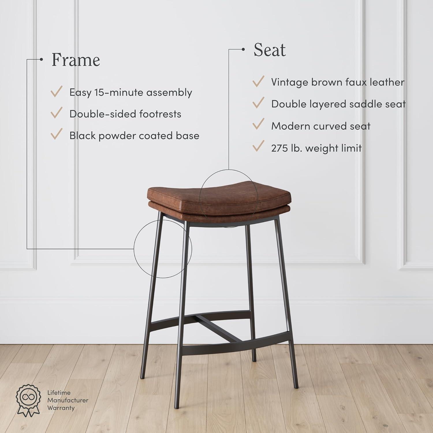 Upholstered Counter Height Metal Barstool Vintage Brown/Matte Black - Nathan James: Faux Leather, Modern Farmhouse Kitchen, 275 lbs Limit