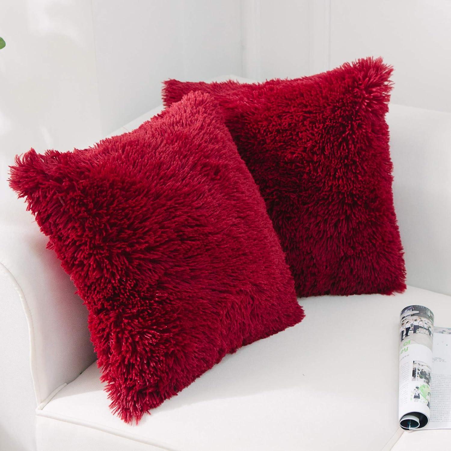 Wine Red Faux Fur Square Pillow Covers with Tassels, Set of 2