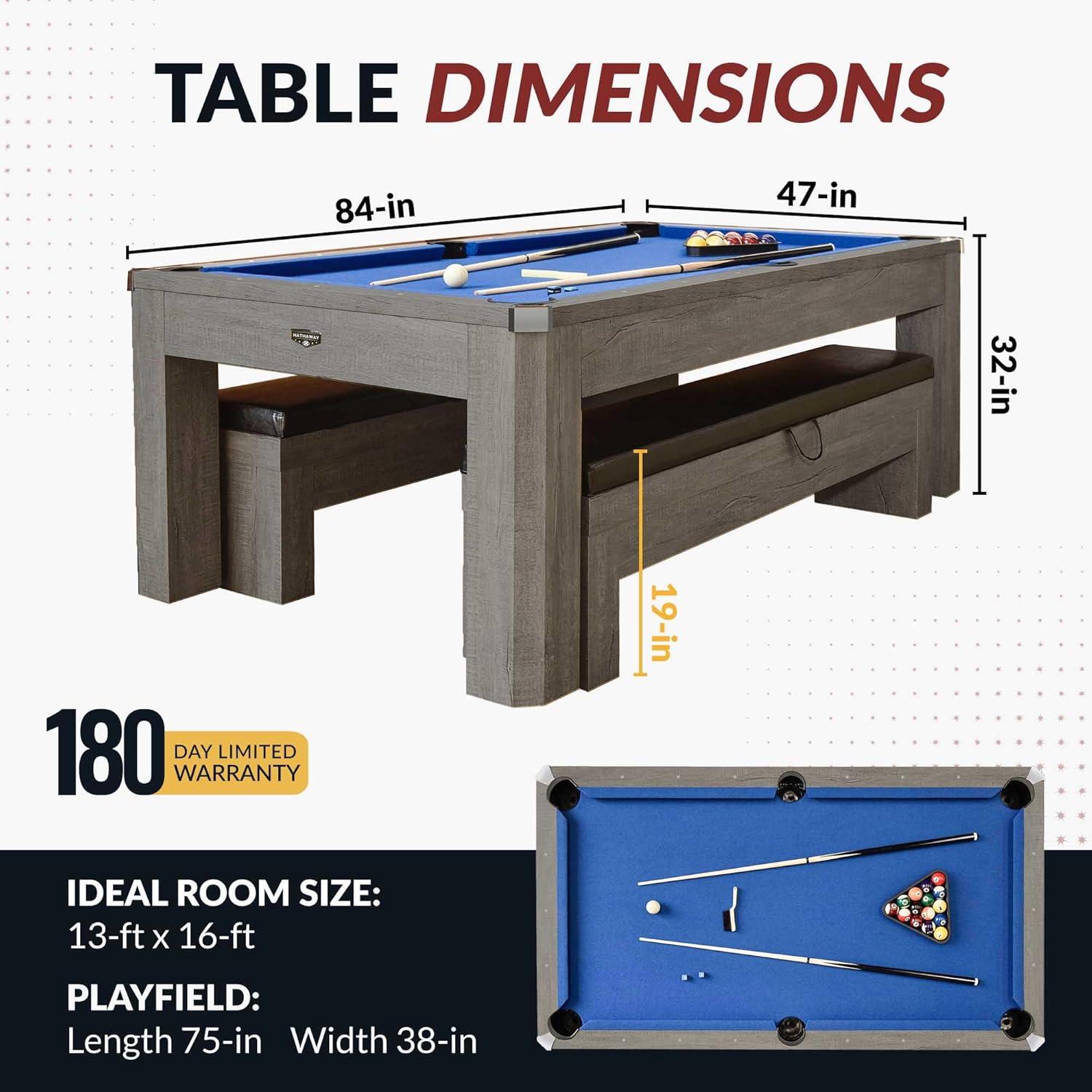 Hathaway Newport Stylish 7 Ft Multi Game Pool Table Combo with Dining Top and Ping Pong – Includes Benches for Home Storage and Accessories